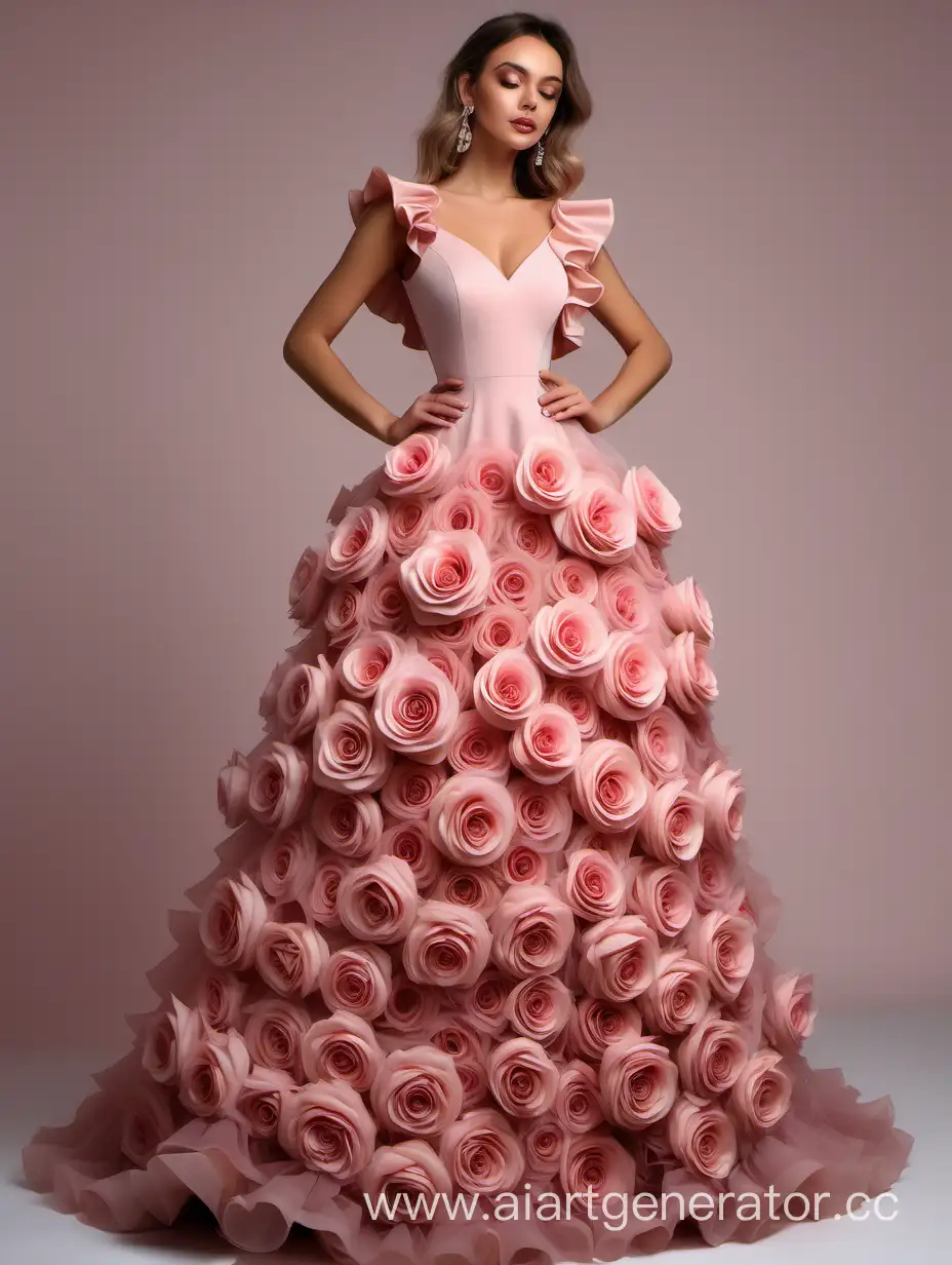 



Современное стильное вечернее платье, покрытое множеством роз и сборок 