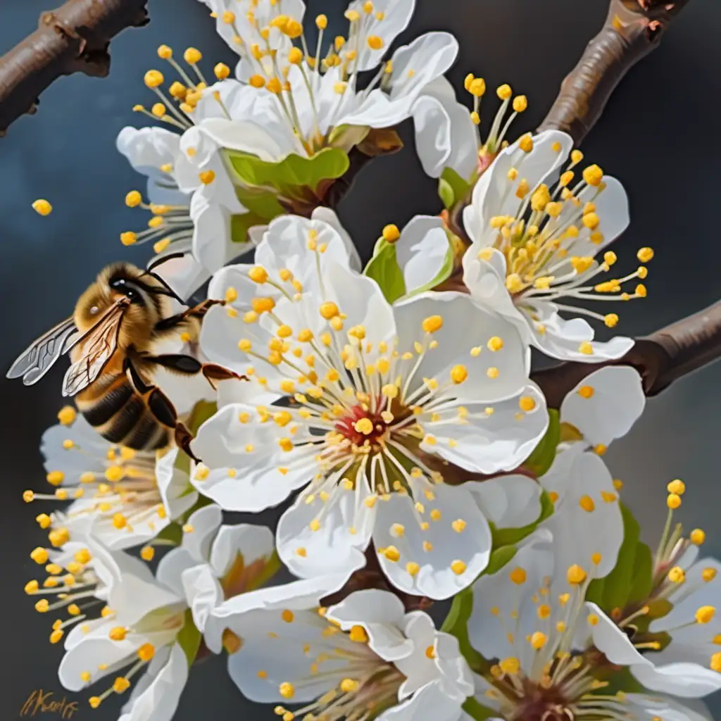 Aprikosenblüten, Honigbiene, gemalt