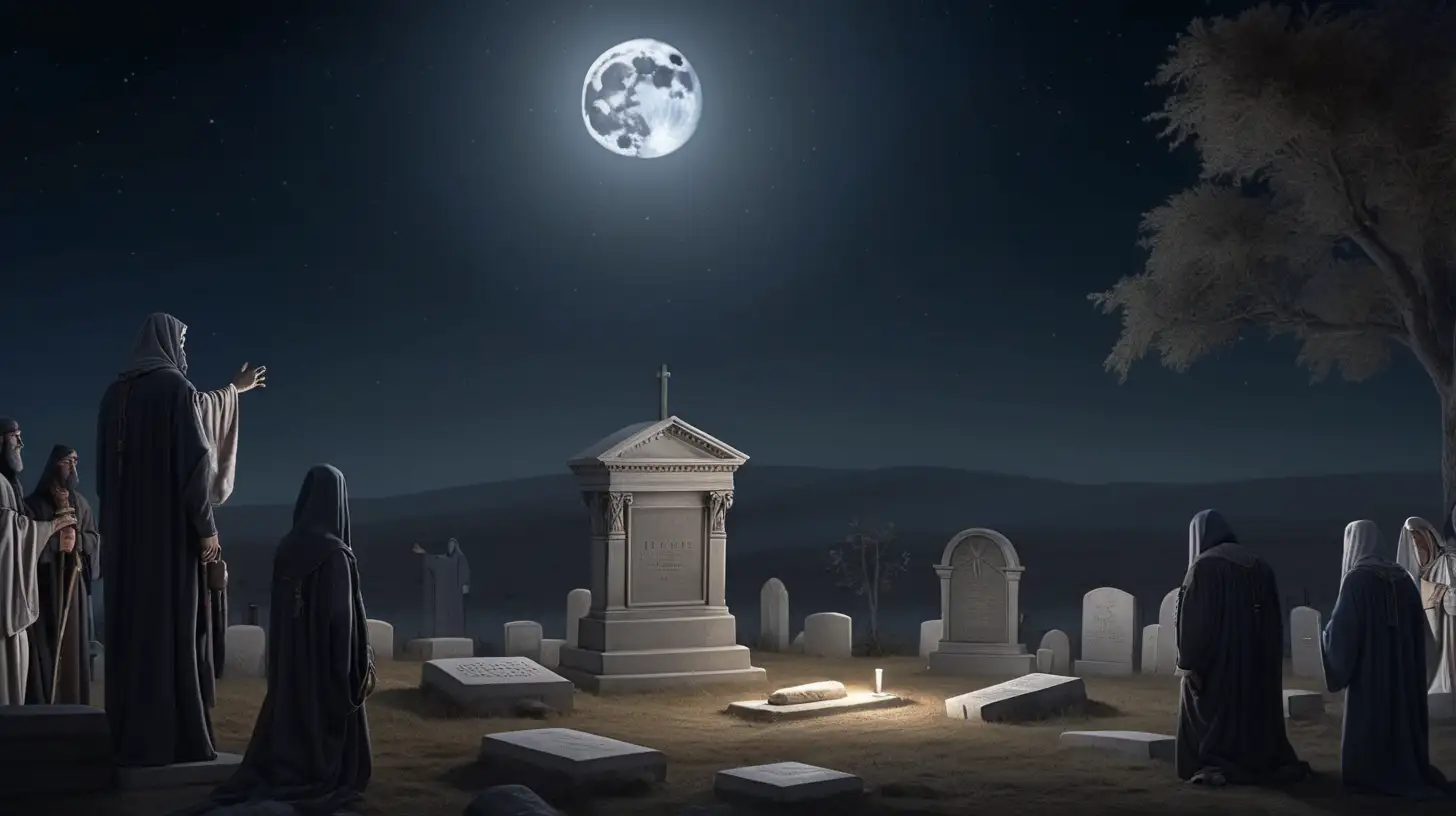 epoque biblique, un enterrement, dans un cimetière, des hébreux de dos sont autour de la tombe, la nuit, lune