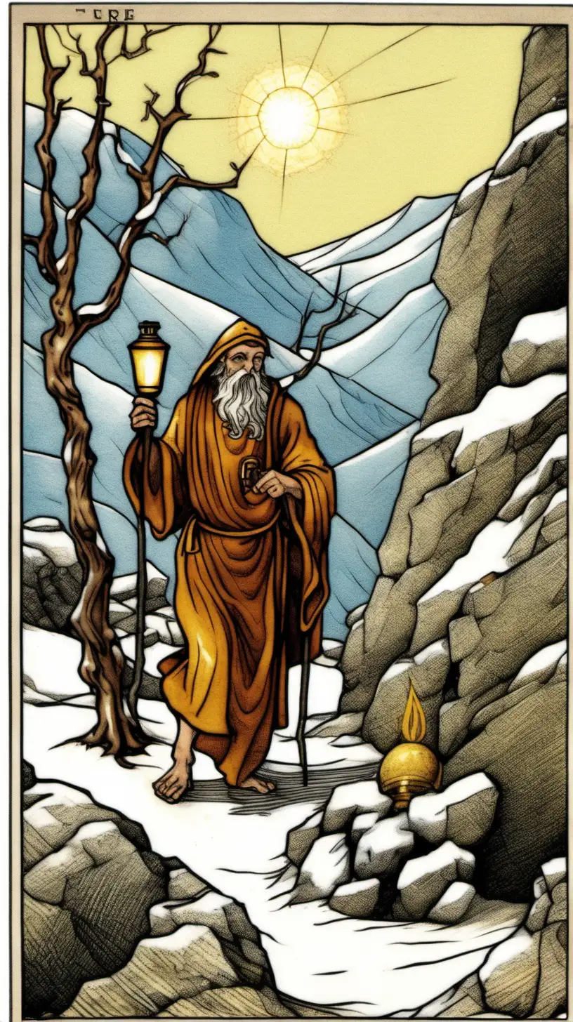 A Tarot card from the Marseille deck, bearing the number 9 
in the upper left corner, depicts a long-bearded Hermit walking and bearing a three-light lantern in one hand and a three-knot staff in the other hand, he looks like the greek philosopher Dyogenes, in the background we see a mountain covered with snow and fields surrounded by dry stone walls and trees, we can also see a chess table with invisible adversaries  