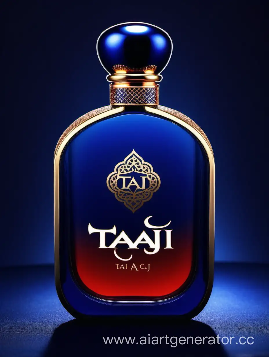 A luxurious Dark Blue Red and white double layers perfume with a elegant zamac cop ((taj text logo))