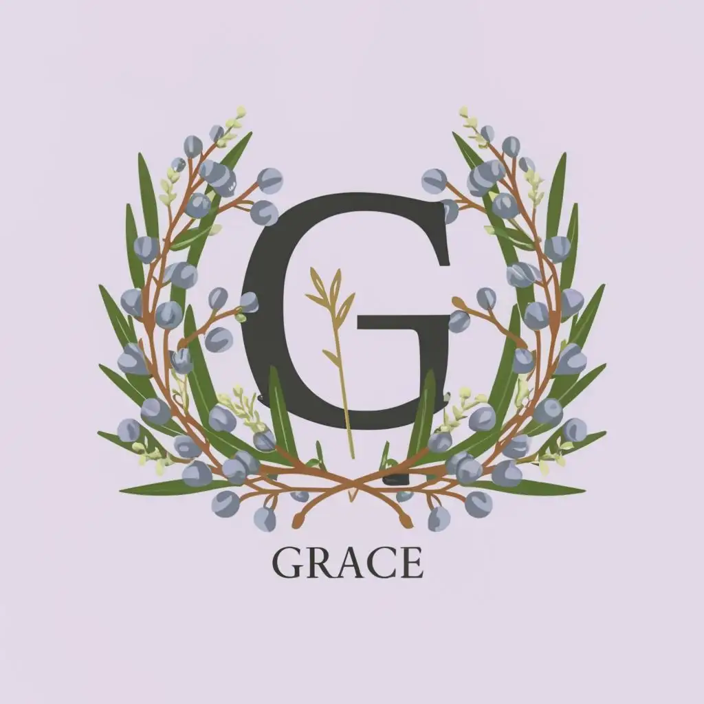 logo on a gold shield , a  Black Letter G , black olive branches , lavender flowers with lavender colored blossoms and the word grace below the G, with the text "Grace", typography all on a white background