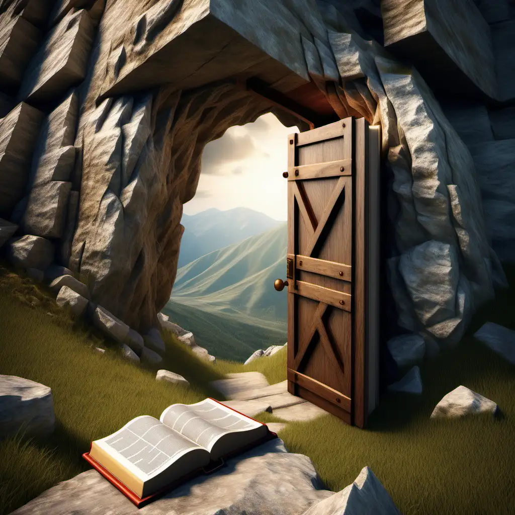 
"Design a Bible that appears as an opening door within a mountain. The Bible should be open, displaying biblical texts."