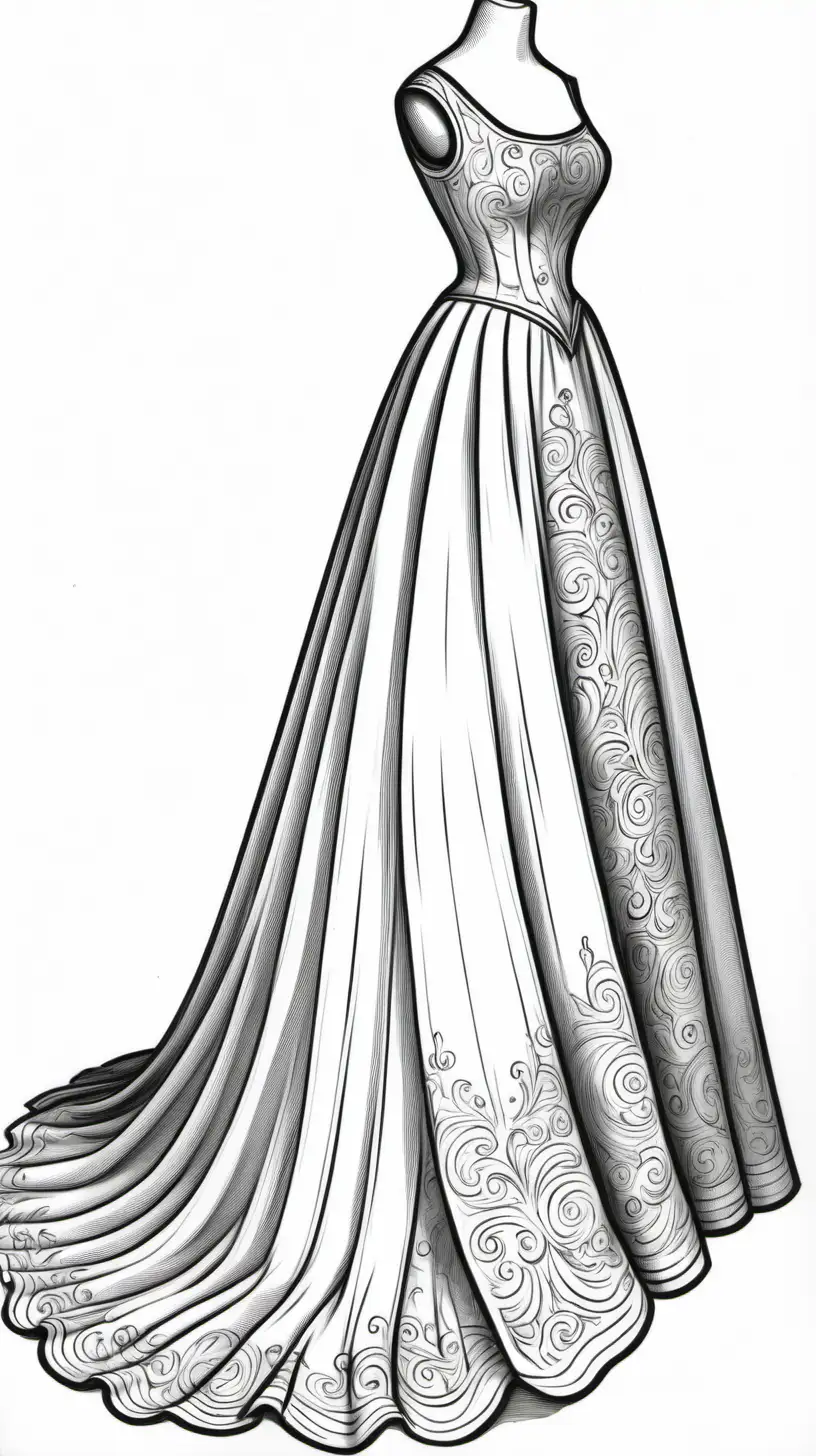 antique gown show the bottom of the gown show the sides of the gown for coloring book, black and white, thick black lines, show 2 inch margin on the bottom of the page