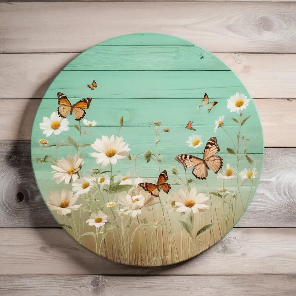 Vibrant Wildflower and Butterfly Round Canvas on Distressed Wood Background