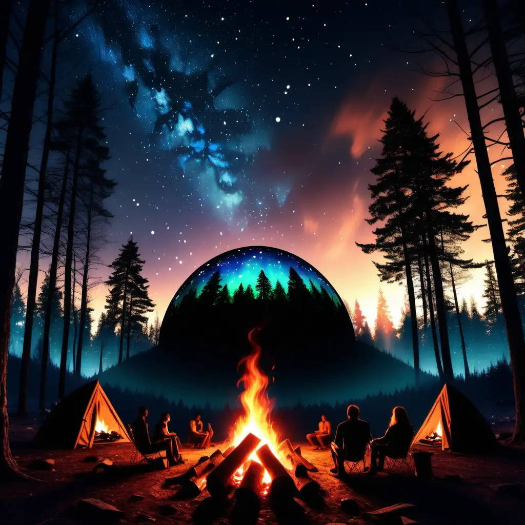Create a LARGE DOME and MAGIC IN sensational forest and magic sky with many sillhouette round the campfire 1080p resolution, ultra 4K, high quality
