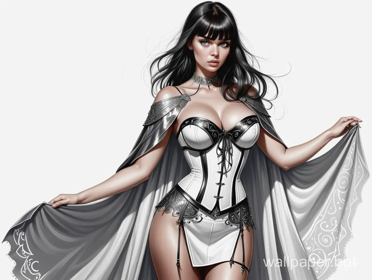 Young Irina Chashchina, a Scandinavian goddess, dark hair with bangs, large breasts of size 4, narrow waist. Bustier with lacing and decoration. Skirt with metallic overlays, a short cloak on the right shoulder, black and white sketch, white background. Nude-magic style.