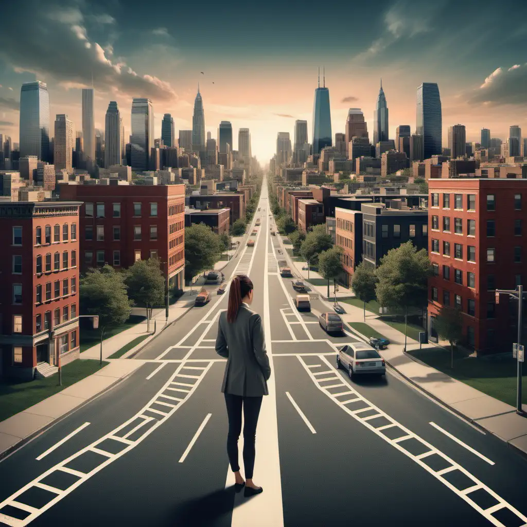 a woman standing at a crossroads, one path leading to a bustling cityscape representing commuting, while the other path leads to a cozy home office setup representing working from home. The person is shown pondering their decision, with an expression of concern and background of elements of work and. life. create details to add interest and complexity to the pending question
