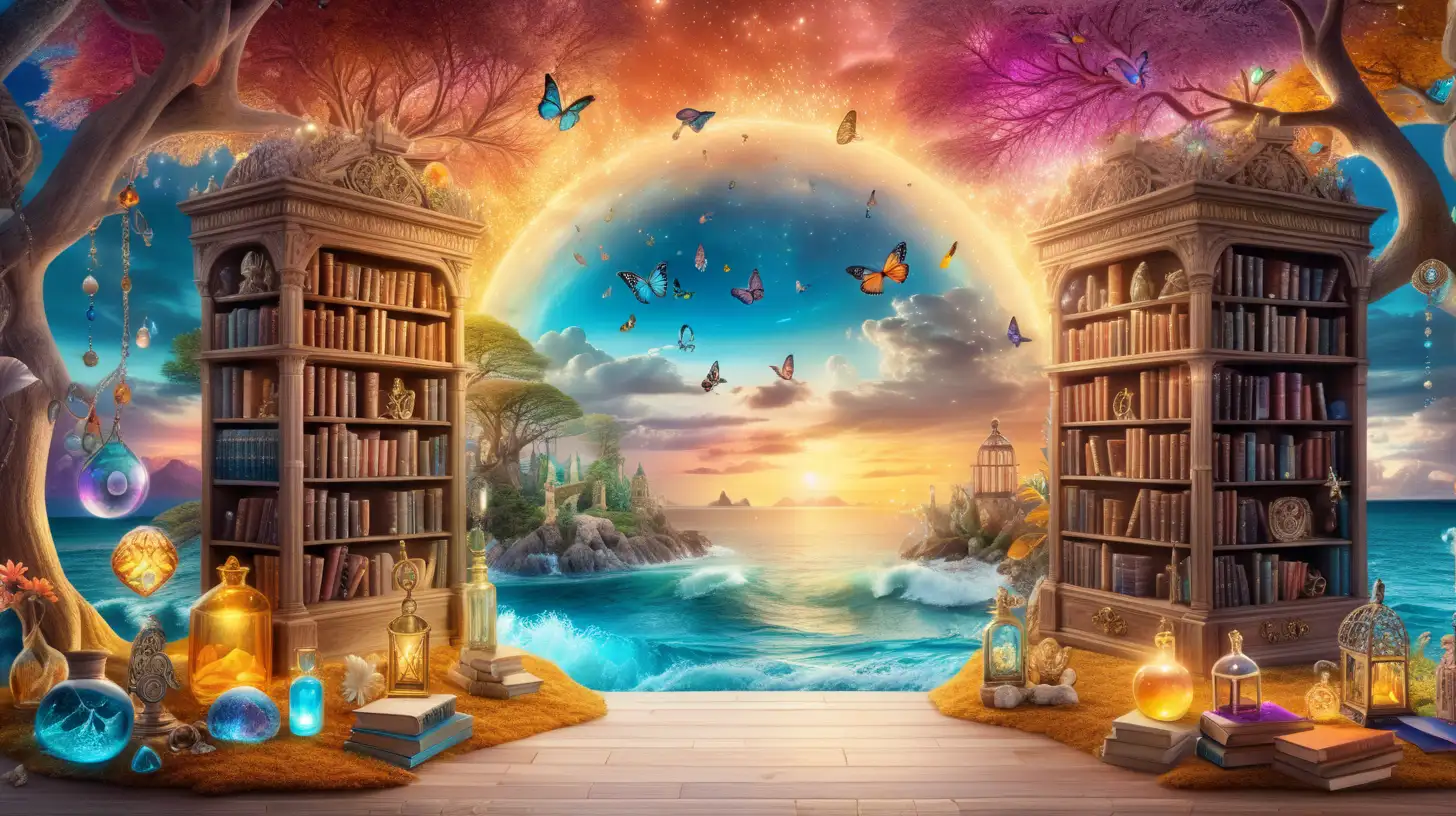 magical forest surrounding an ocean and sky and clouds and bookshelf and white, blue, and glowing bright canary yellow orange pink sunset colors with gemstone portal to other world and huge ancient key and gemstone flowers and glowing, glimmers fantastical glowing trees and crystals and pearls with corals and bookshelf of books and glowing potion bottles on the bookshelf and butterflies