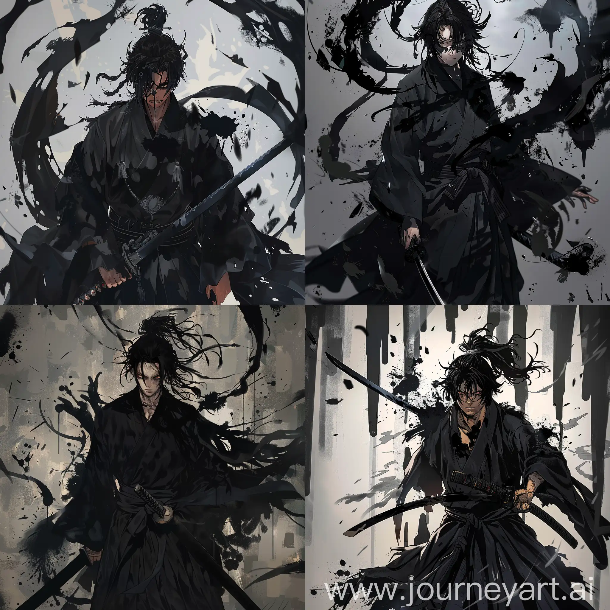 Black haired male, full body, black kimono, black katana, vagabond manga style, surrounded by shadows, anger and sadness, oni mask, shadows leaking from he blade