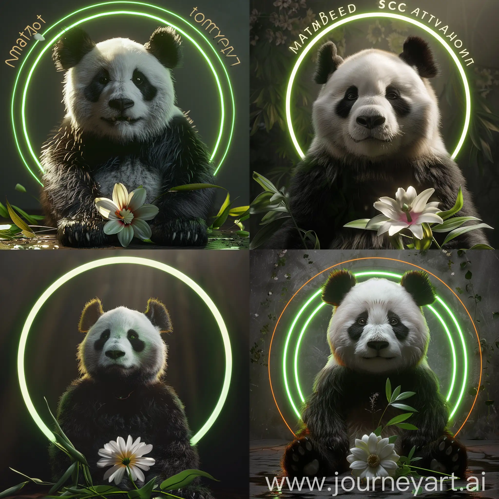 a panda bear with a green circle around it and a flower in front of it with the words, mateben topomi, vray, romanticism, Fedot Sychkov, a 3D render