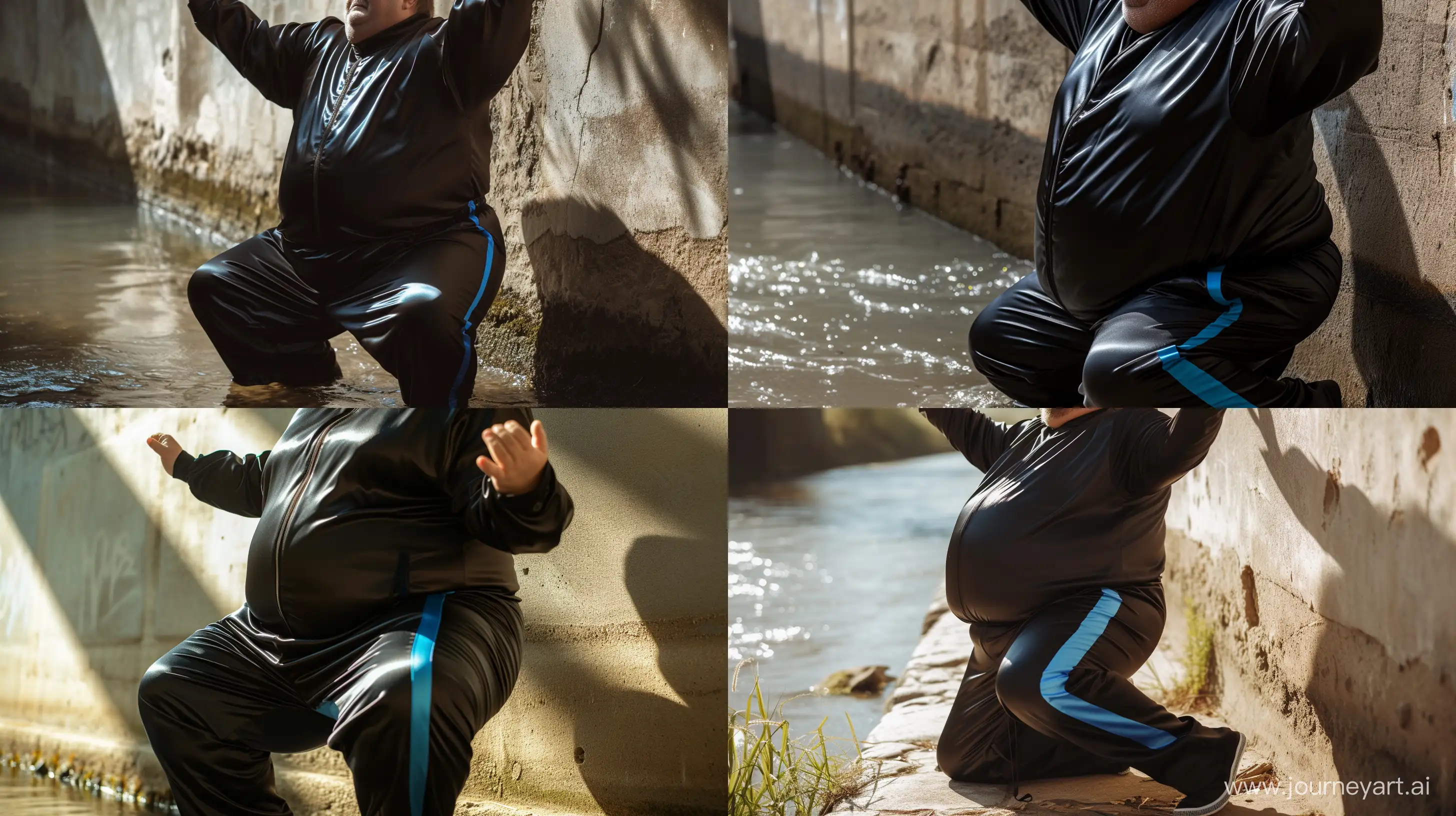 Front view close-up photo centered on the waist of a fat man aged 60 wearing a silk black tracksuit with a blue stripe on the pants kneeling against a wall with hands in the air. Natural Light. River. --style raw --ar 16:9