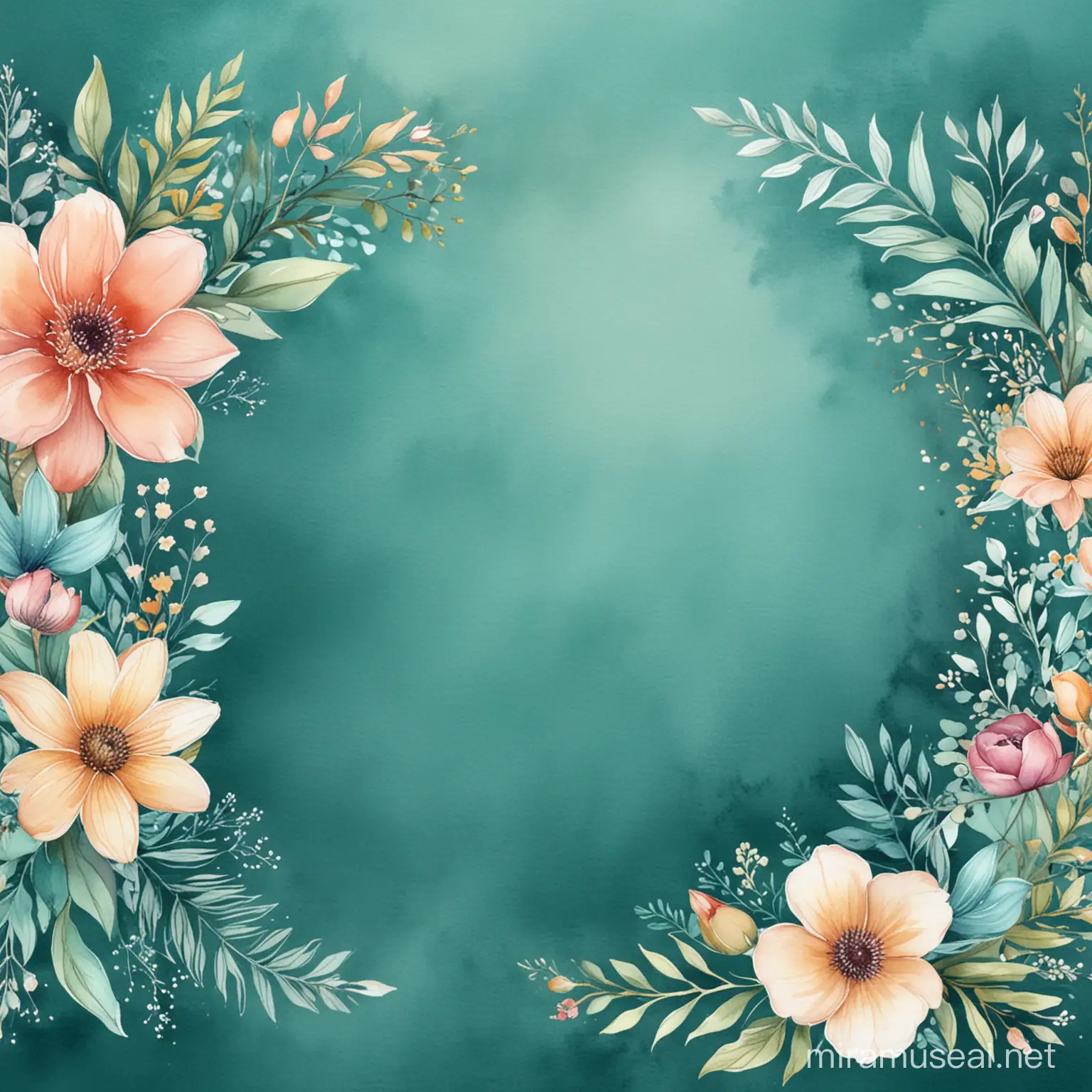 A beautiful watercolor floral border on a teal color background 