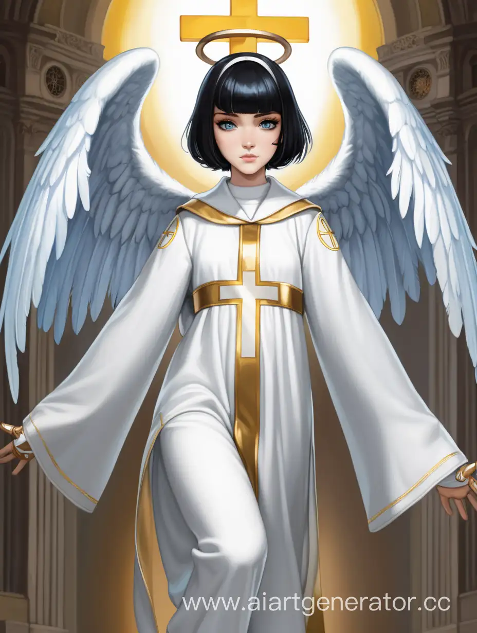 Angel, black short hair with bangs, blue eyes, white and golden nun robe with wimple and with cross, white gloves, white trousers, halo, female character 