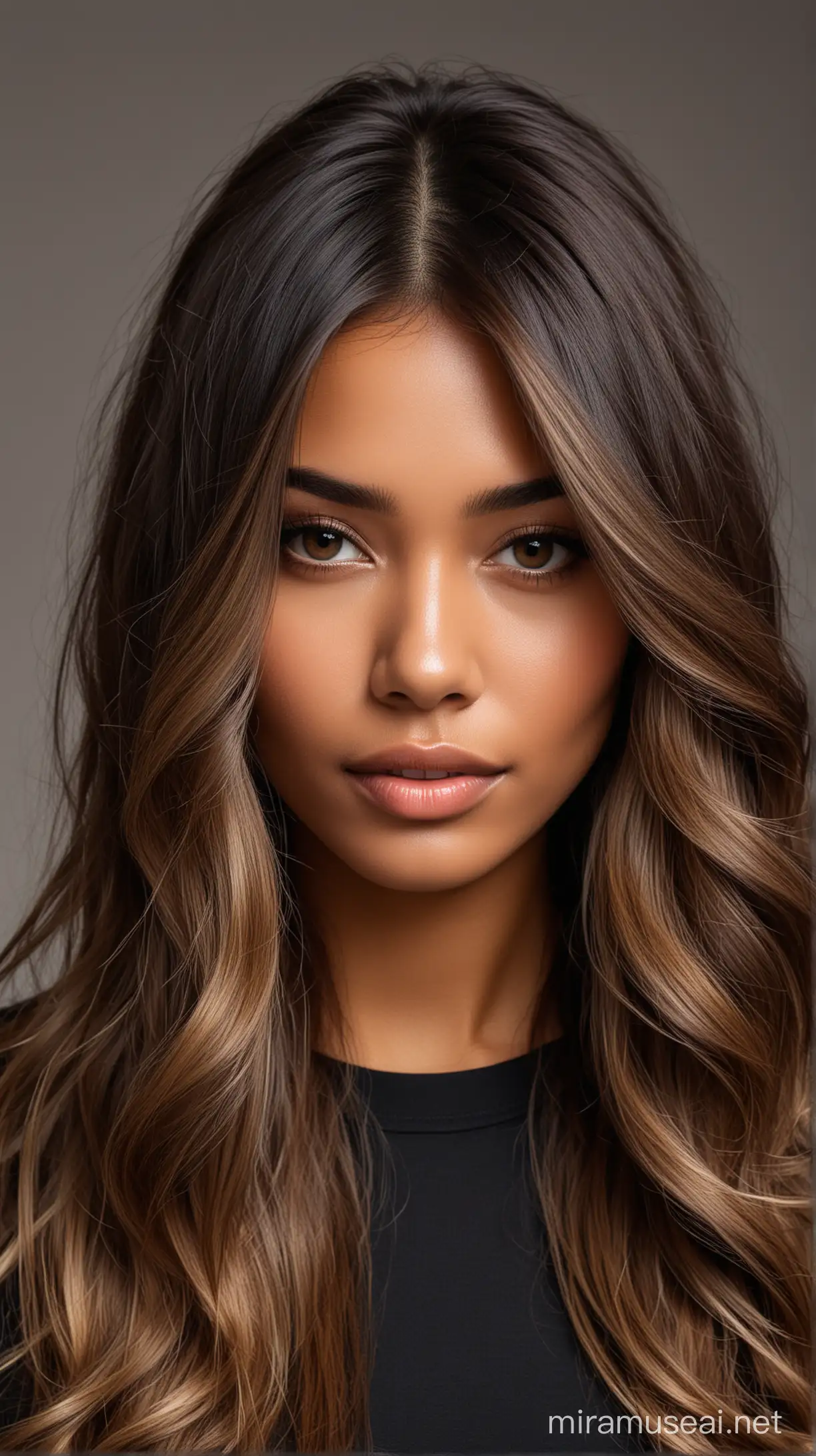 Beautiful hair model with dark skin and dimensional balayage, plain background 