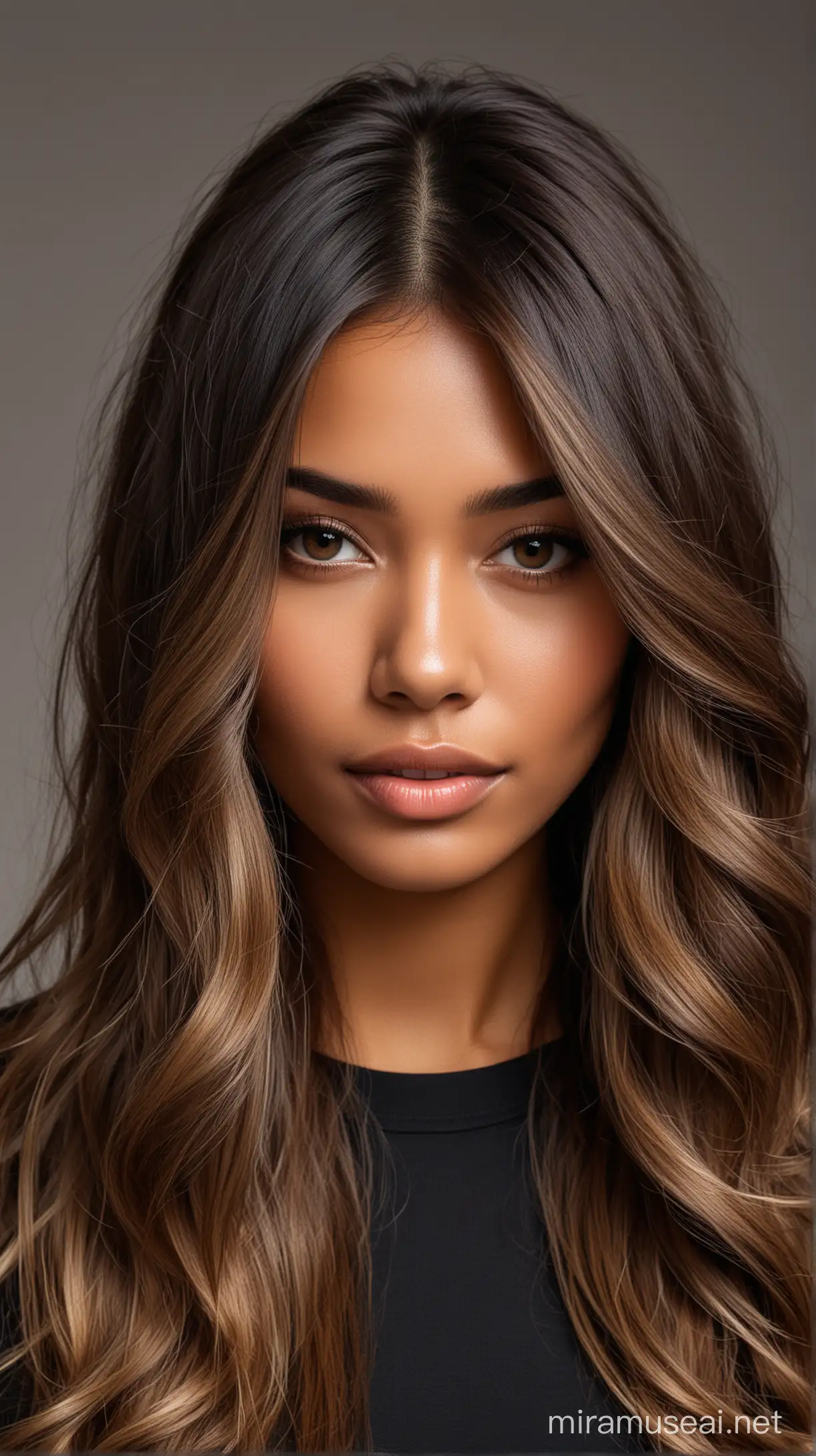 Stunning Dark Skin Balayage Hair Model on Plain Background