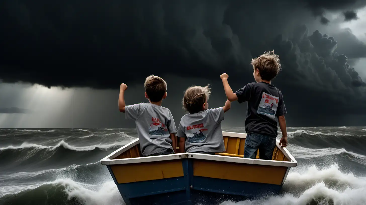 Cheering Children in Small Boat Amidst Stormy Seas
