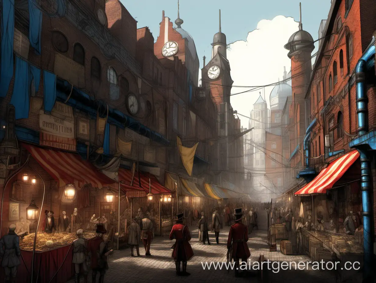 Steampunk-Cityscape-with-Market-Stalls-and-Guarded-Streets