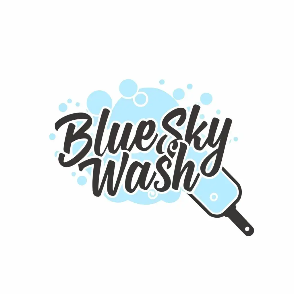 a logo design,with the text "BlueSky Wash", main symbol:A black SQUEEGEE with bubbles around it and it is on the inside blue shape,Moderate,clear background