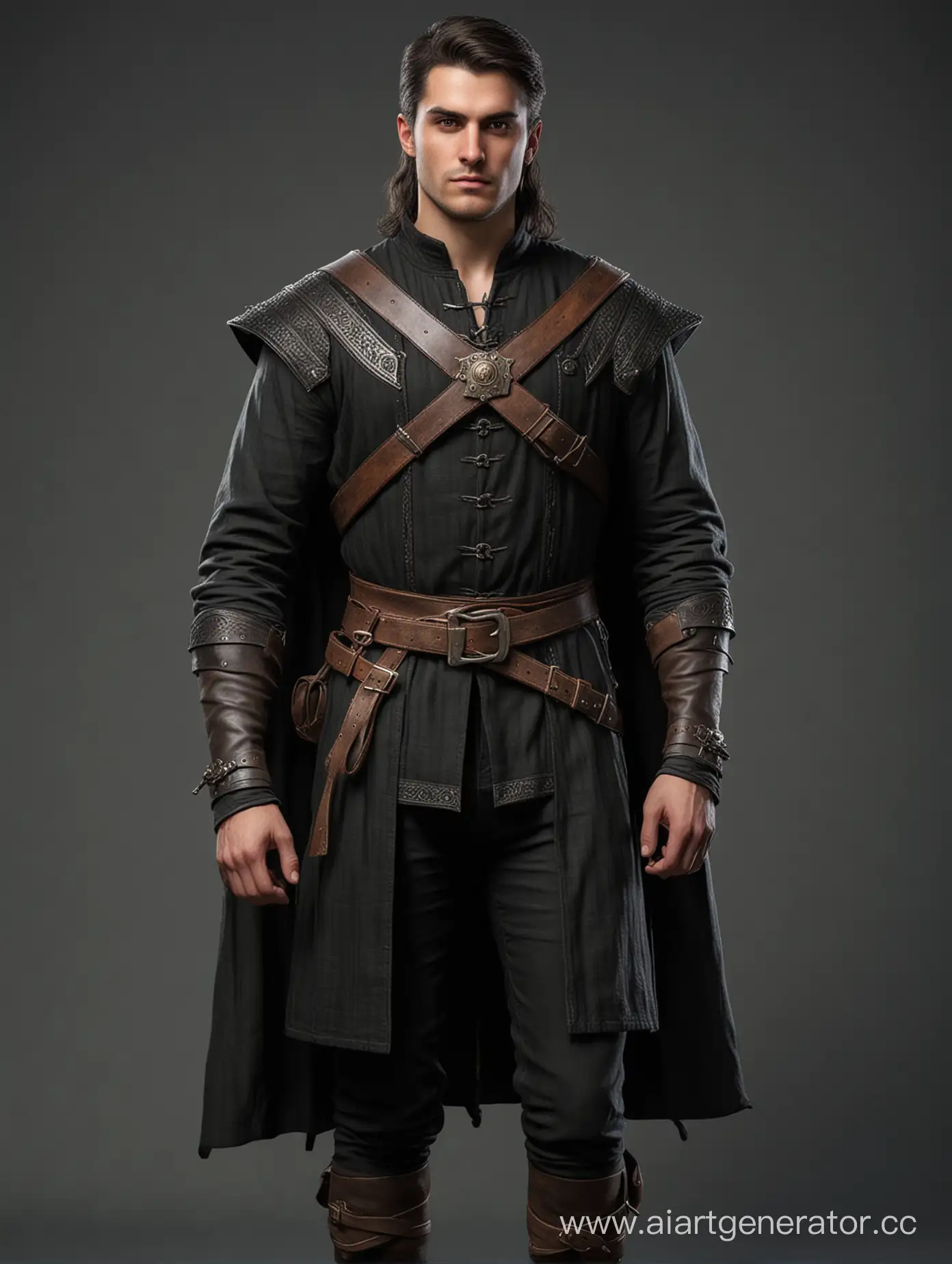 Generate a person, a man in the 14th century, 24 years old, the Middle Ages, realistic, full-length, with a chaperon on his head, dressed in a brigantine and black clothes, in the style of images from the Witcher universe