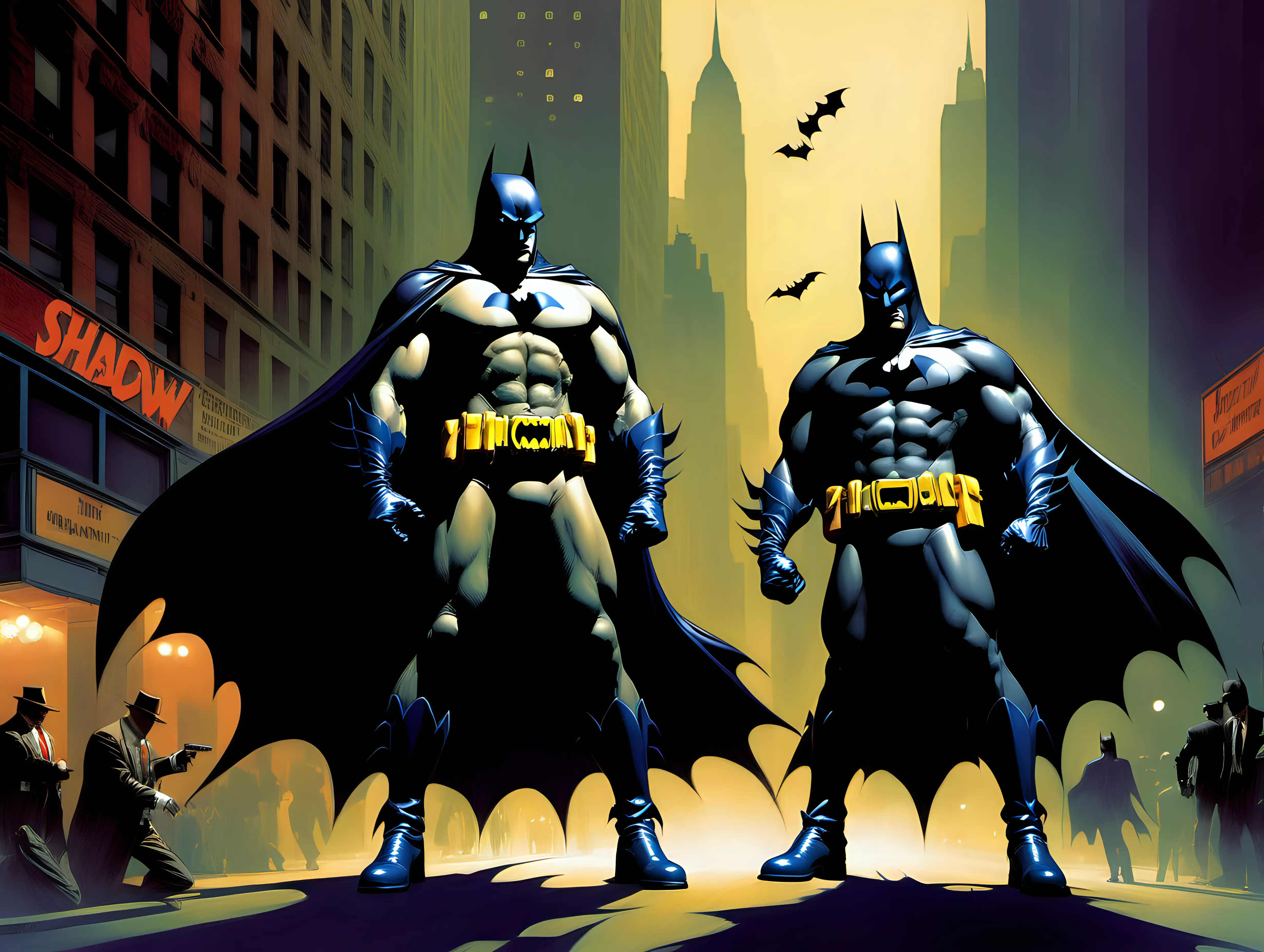 Frank Frazetta style The Shadow & Batman crimefighters NYC
