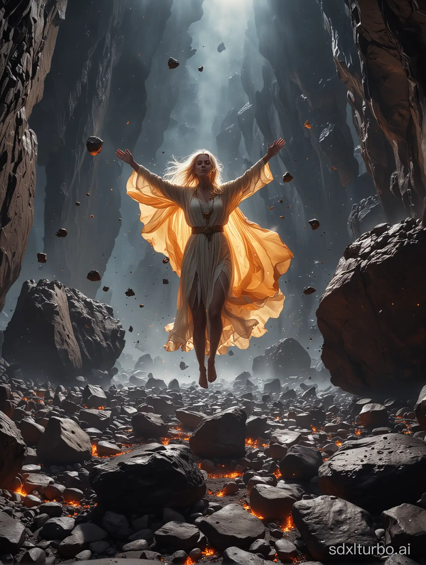 female barefoot summoner levitating with blonde hair robes and cape arms lifted up over a broken earth bright lava light from below asteroid field (jagged rocks boulders and debris shooting into the air:1.3) (windy dust debris storm:1.1) volumetric fog mist ray tracing z pass bright light from below, (masterpiece) (best quality) (detailed) (8k) (cinematic lighting) (sharp focus) (intricate)