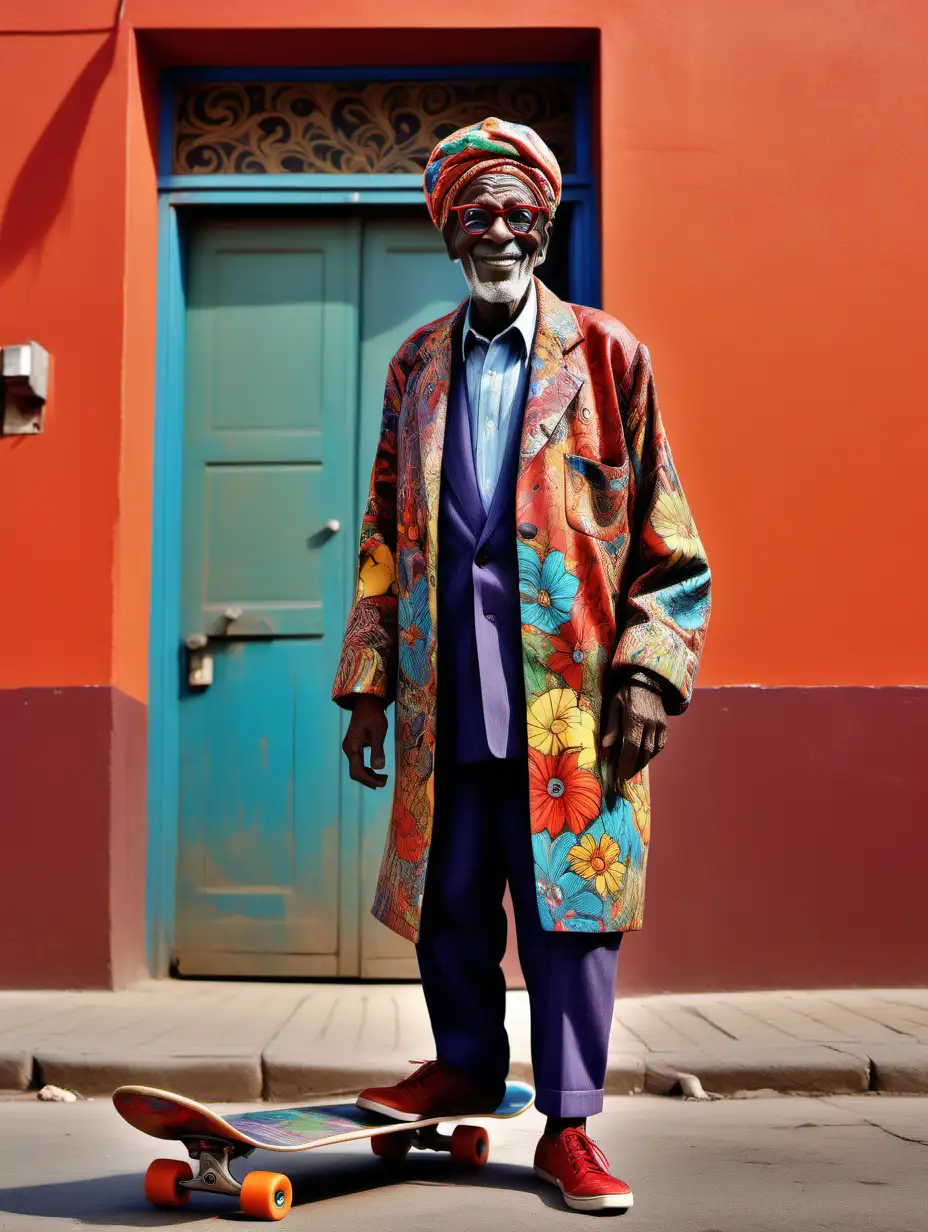 Generate a hyper-realistic image of a groovy,  happy old African man wearing Turban and floral coatt,  red glasses, standing outdoors in the evening, Bright colourful old walls in background, skate board, art work rooster looking up  
