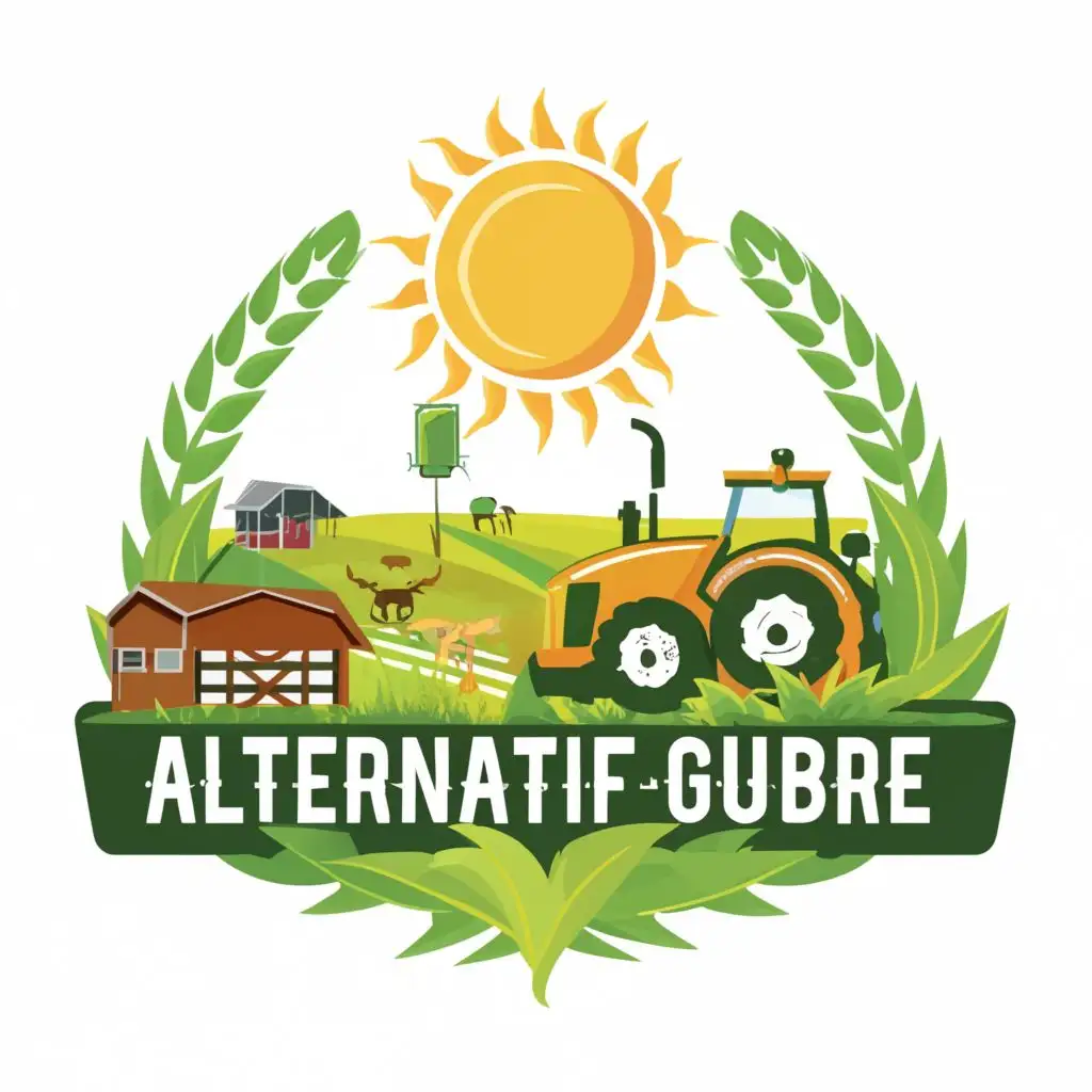 logo, sun, leaf, farm, wheat, cow, chicken, tractor, with the text "AlternatiF Gubre", typography