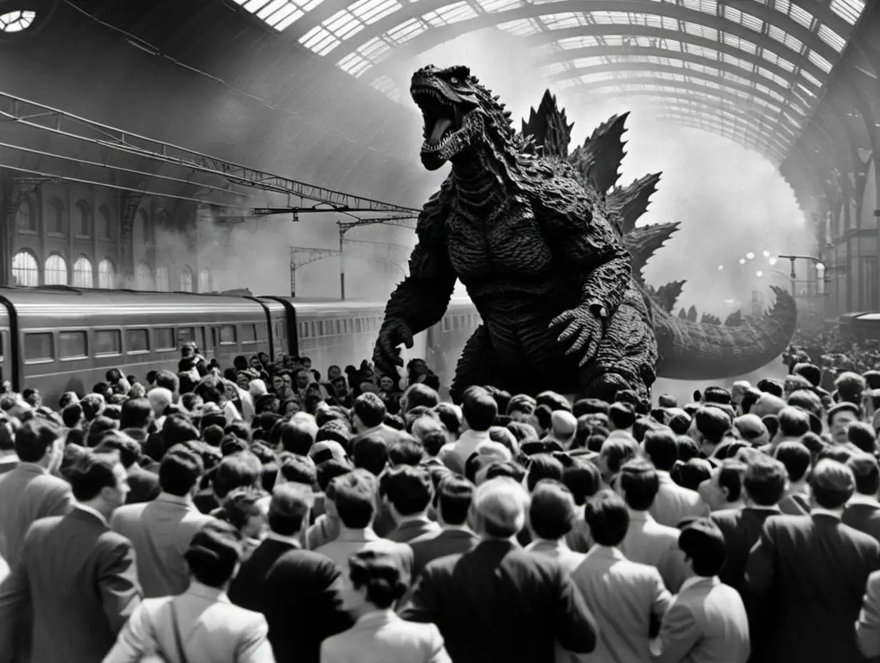 crowd fleeing Godzilla in a railway station in London