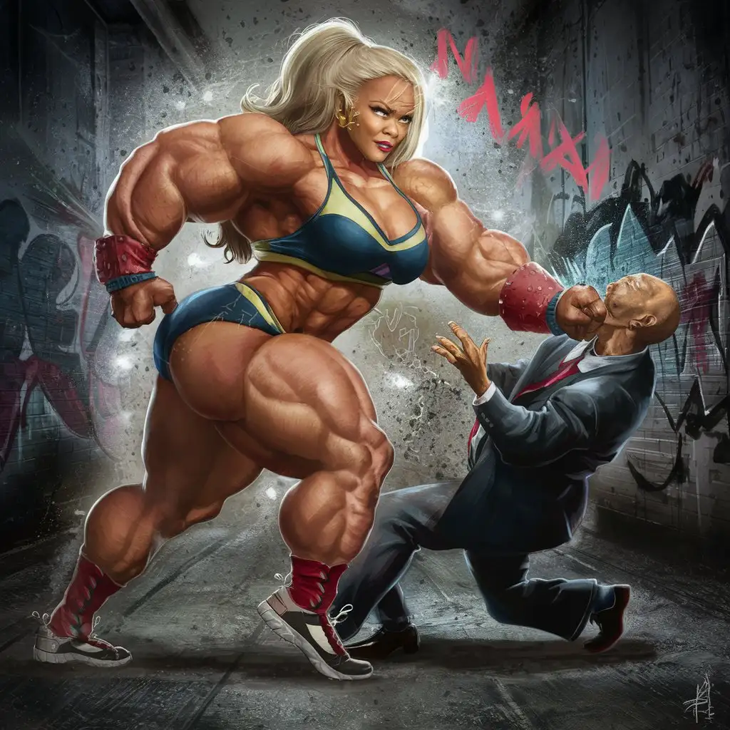 Nicki Minaj female bodybuilder very big muscles big biceps huge arms huge legs punching a bald headed man