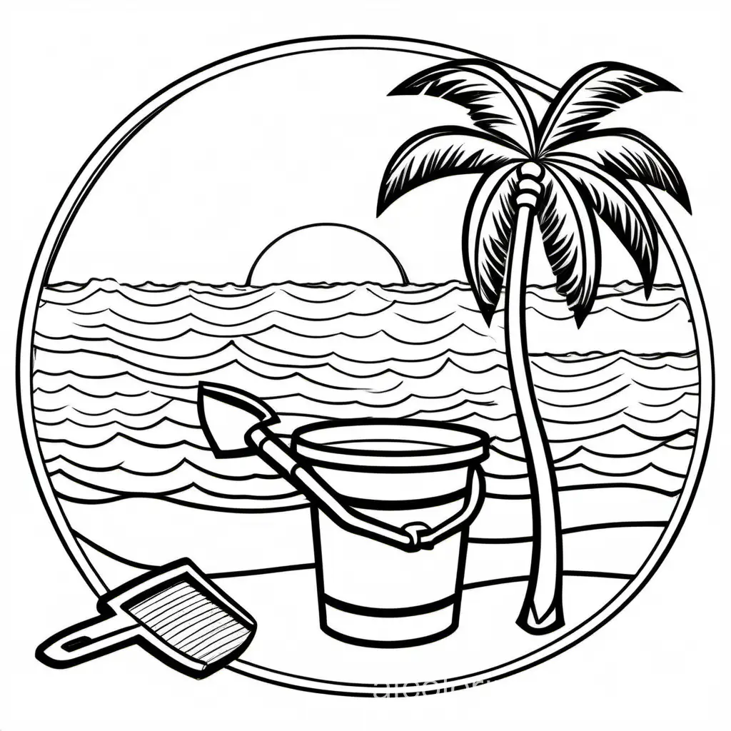 Beach with palm tree and bucket and shovel add the words Beach Time, Coloring Page, black and white, line art, white background, Simplicity, Ample White Space. The background of the coloring page is plain white to make it easy for young children to color within the lines. The outlines of all the subjects are easy to distinguish, making it simple for kids to color without too much difficulty