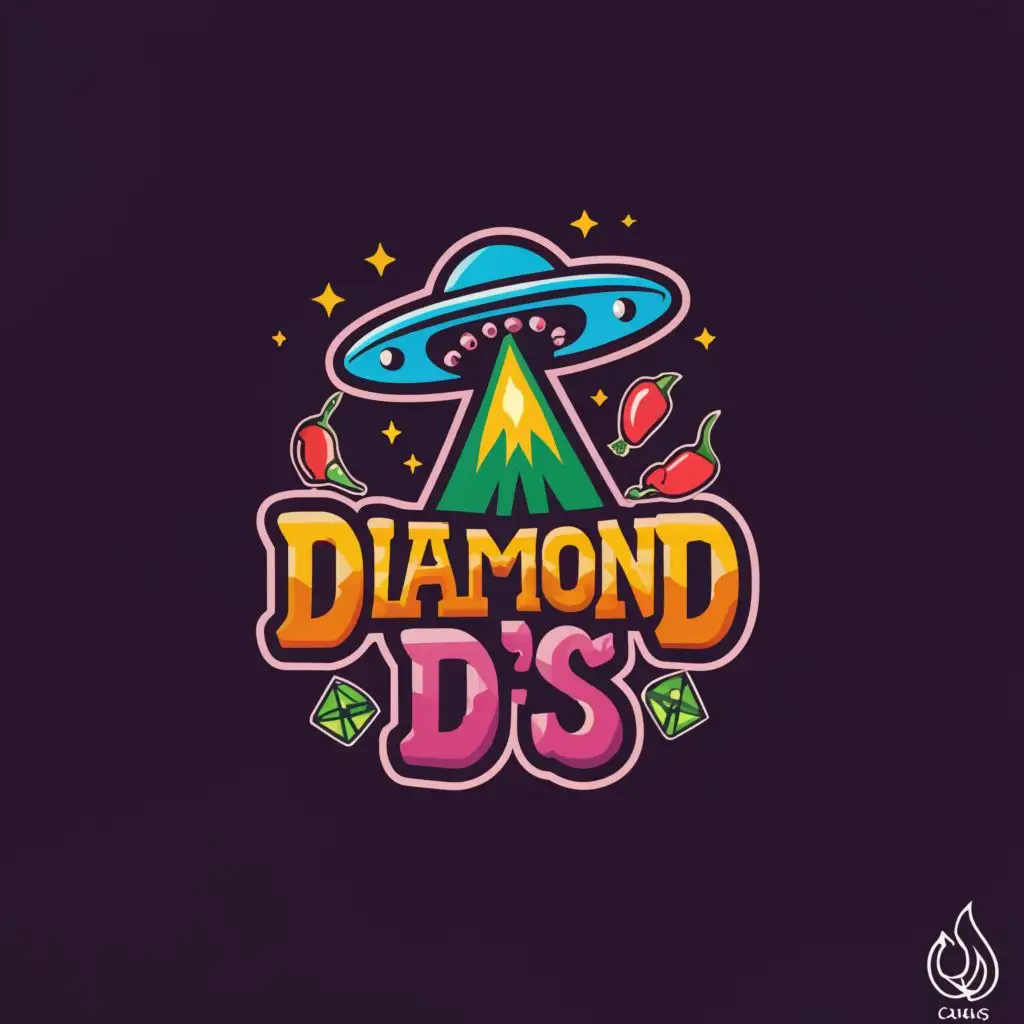 a logo design,with the text "Diamond D's ", main symbol:UFO, flames, colorful diamonds, spicy jalapeno peppers, chamoy candies, cactus landscape, sticker,Minimalistic,clear background