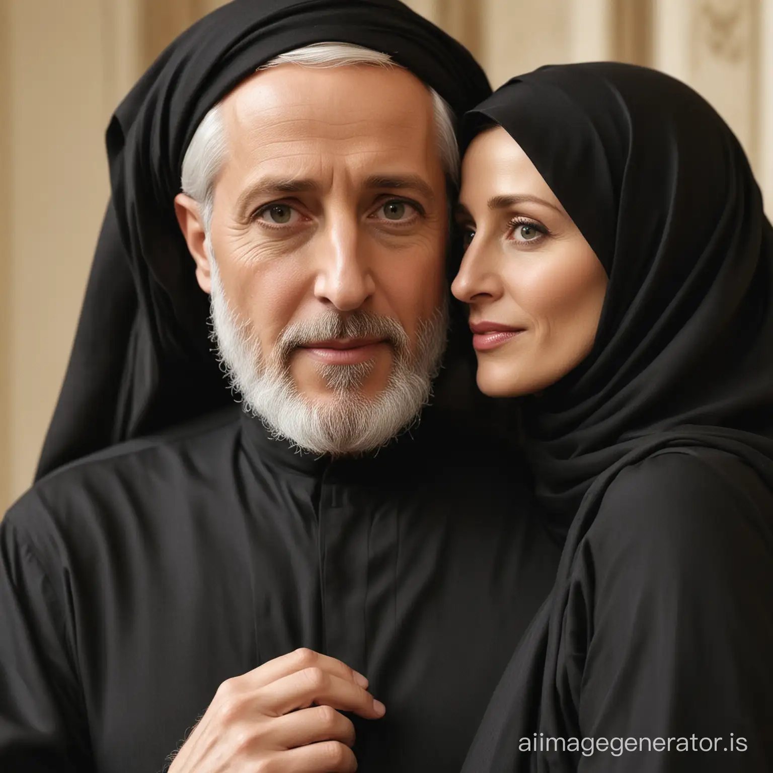 Gillian Anderson is marrying an old Arab sheik, he hypnotized her to become his Muslim devoted wife, he adorned her in a black floor-length abaya with long black hijab and niqab