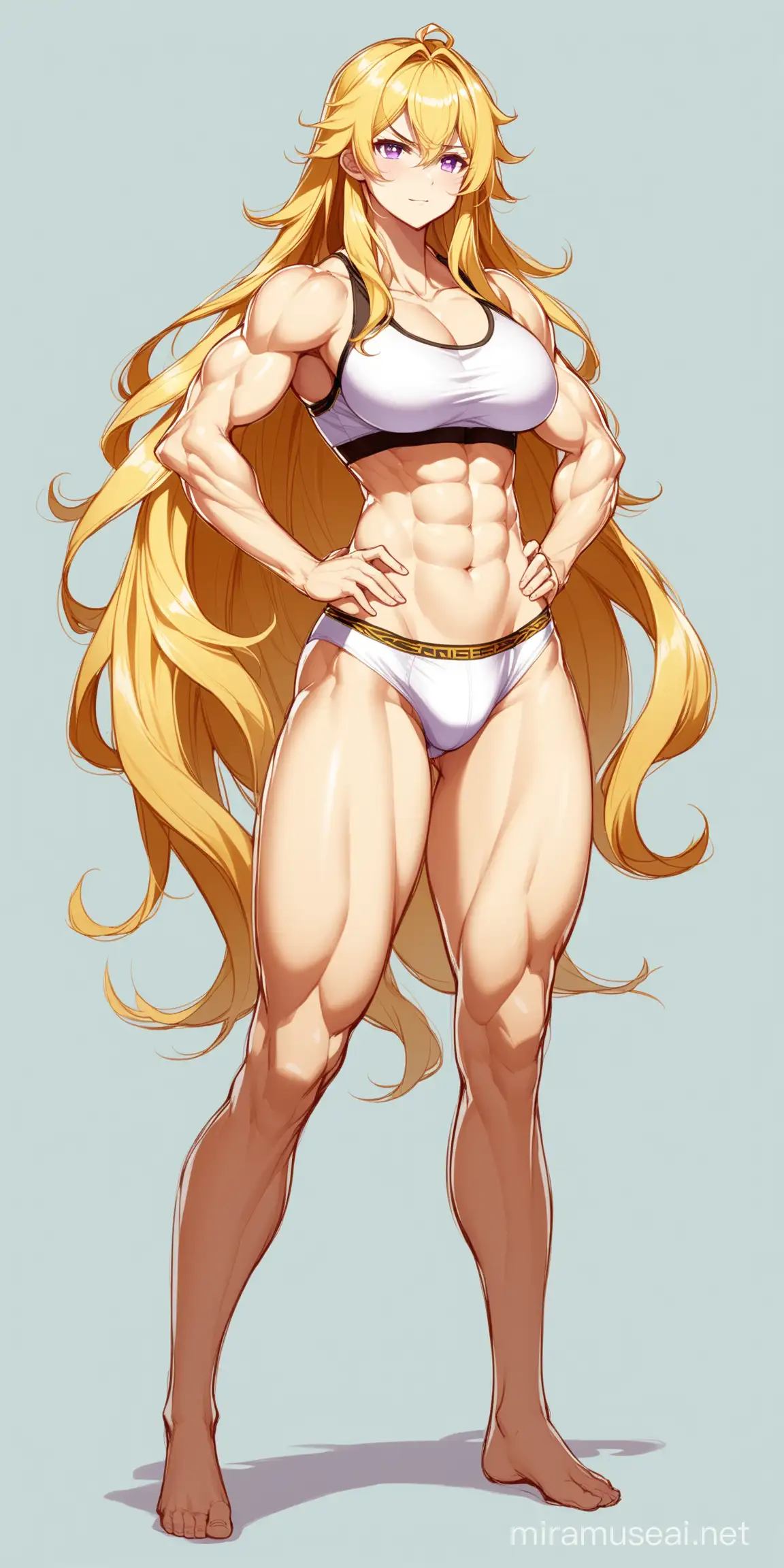 yang xiao long, fair-skinned, tomboy, lilac eyes, long thick wavy bright golden hair, long muscular legs, big chest, confident, only underwear, full body, hands on hips, tall