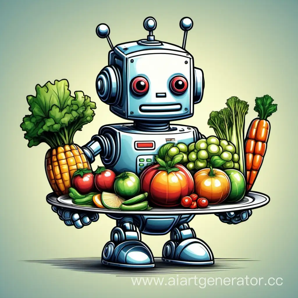 нарисуй в стиле гиперрреализм счастливого робота, который держит в руках тарелку с овощами, фруктами и другой полезной едой