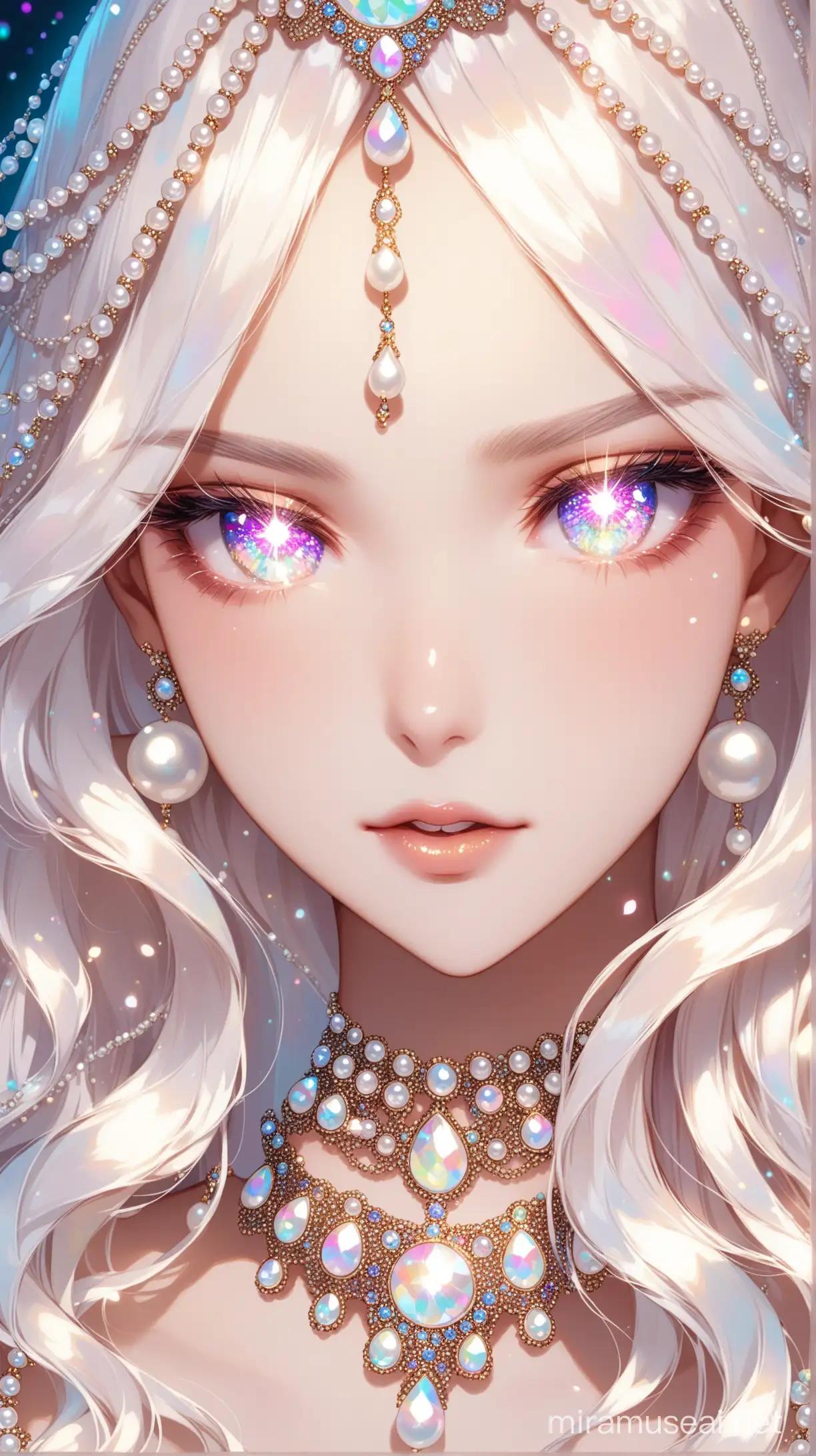 Ethereal Woman with Pearlescent Hair and Jeweled Eyes