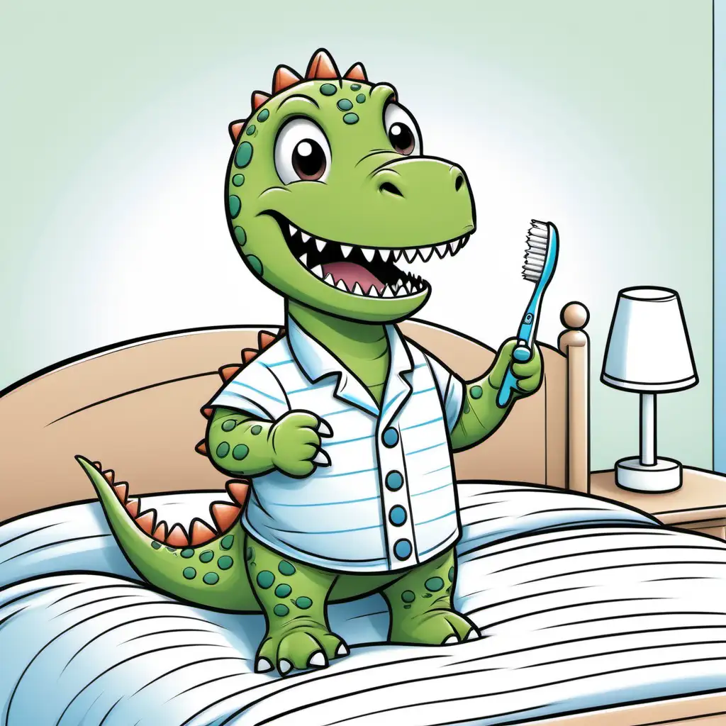 Color, cover full page for kids, cute, small dinosaur, dressed in pajamas, brushing its teeth before bed in a cozy bedroom, full page, no borders, simple, shapes with black lines, printable outlined art, thin lines, no shades, crisp lines --style 4b --v4-, white background