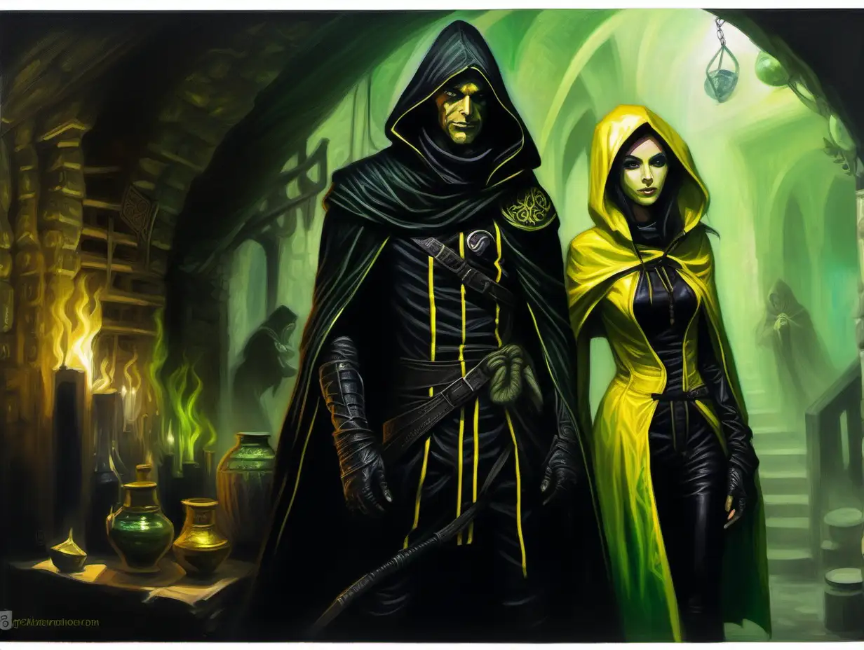 man and woman, fantasy rogues, skintight black clothes hood, black green yellow accents, underground opium den, Medieval fantasy painting, MtG art