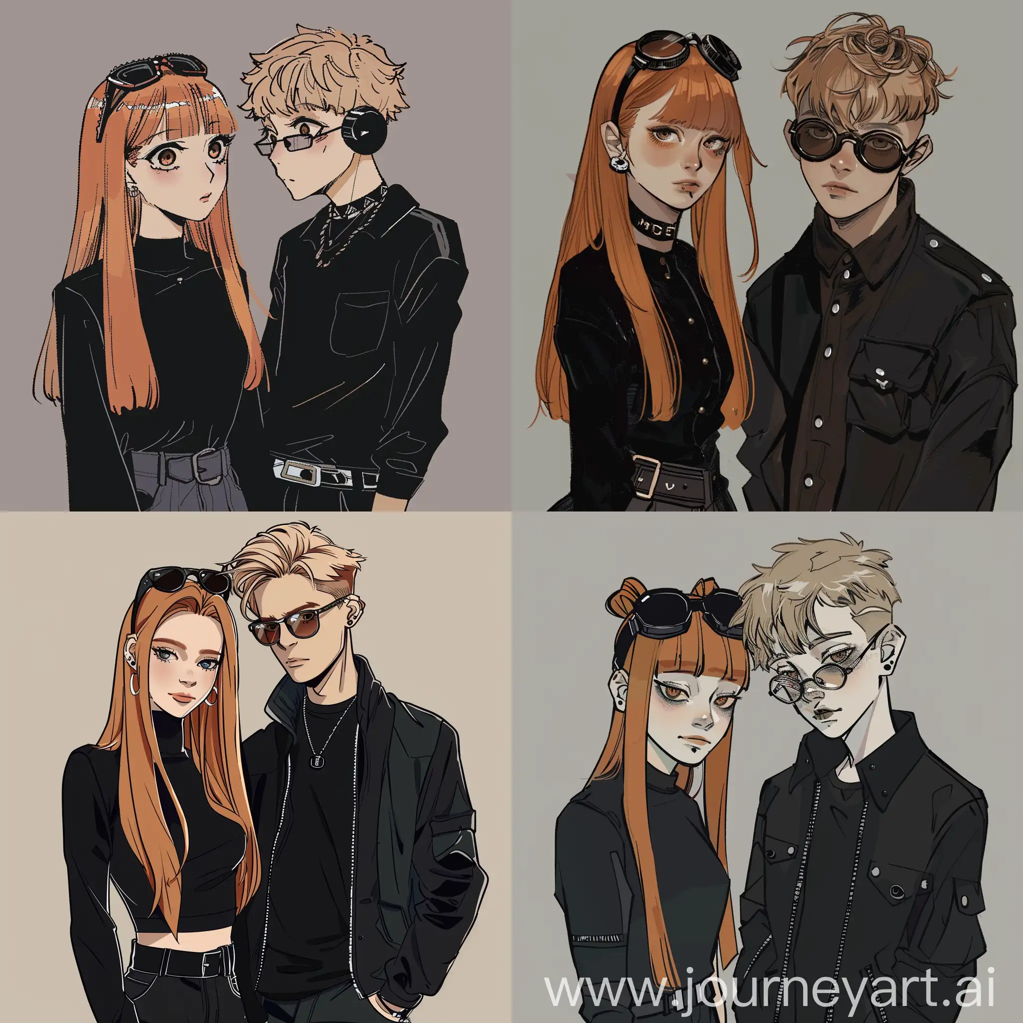 a girl with ginger straight hair and beside her a boy with blonde hair, black outfit and glasses on his head, dark theme, teenagers, animated drawing