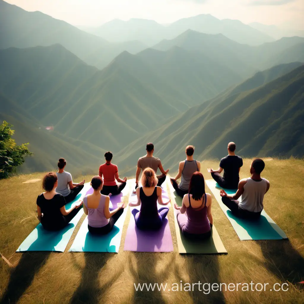Группа людей в позах йоги в горах , красивый вид на горы , мягкий свет, свежесть, небольшой ветерок.