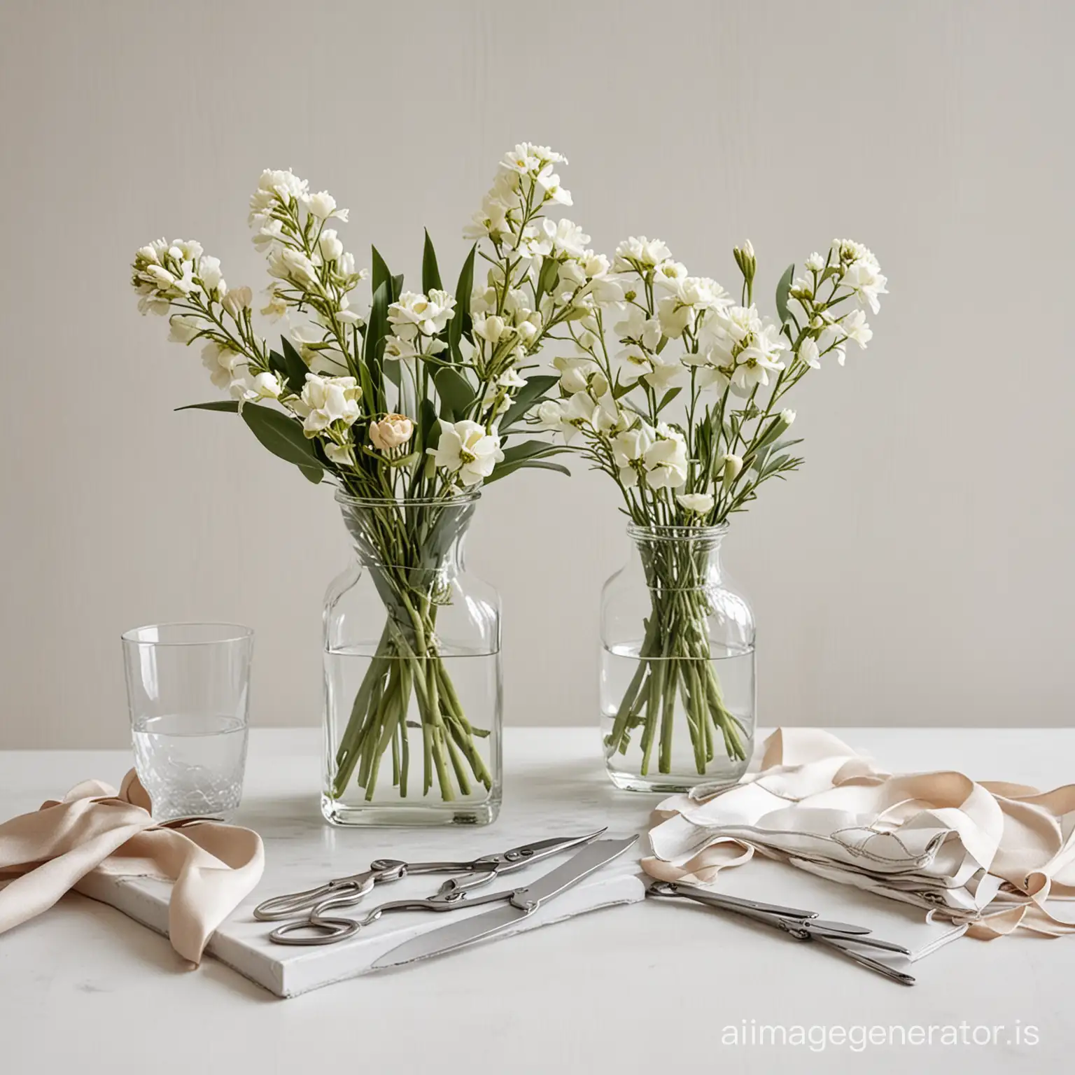 realistic image of a clean, white counter holding craft supplies such as scissors, ribbon, floral shears and flower stems, along with square clear glass vases of high quality