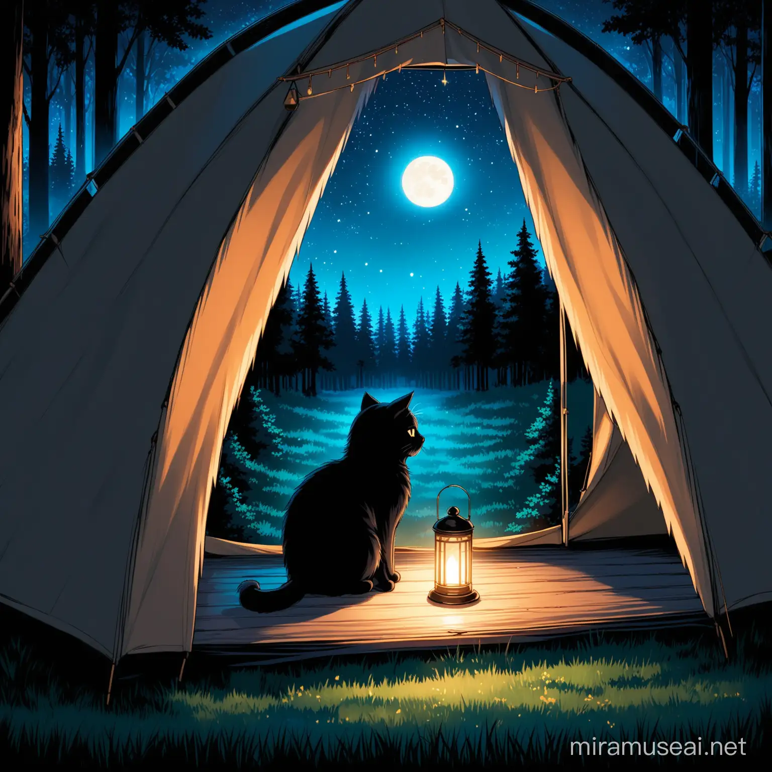 A black fluffy cat waits for the evening call to prayer in a tent with an open window in the forest at night.
