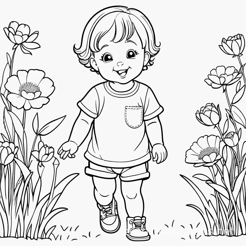 baby girl, one year old, walking, laughing, black and white, short hair, 4 cats, no flowers
, Coloring Page, black and white, line art, white background, Simplicity, Ample White Space. The background of the coloring page is plain white to make it easy for young children to color within the lines. The outlines of all the subjects are easy to distinguish, making it simple for kids to color without too much difficulty