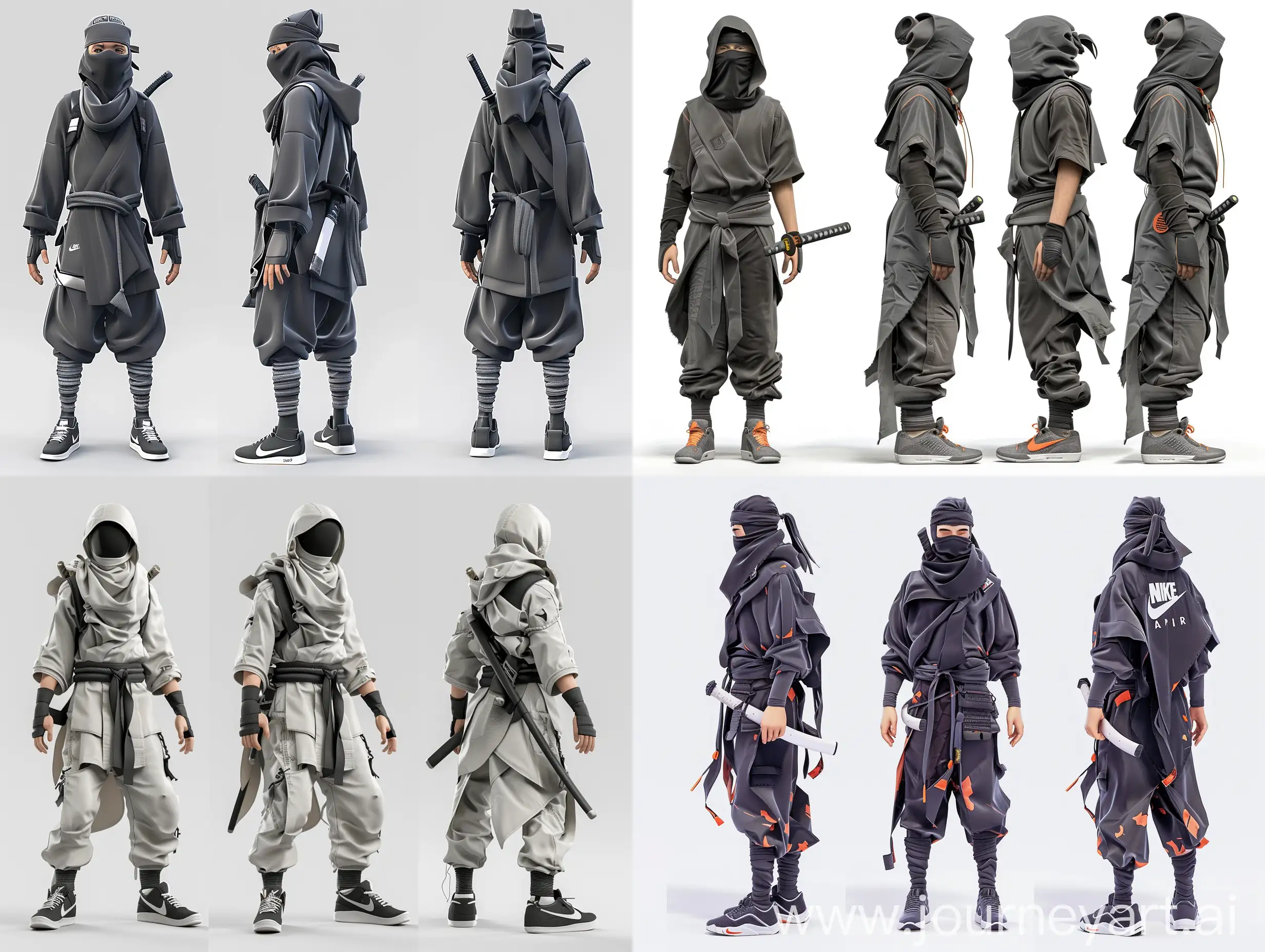 a ninja with a modern ninja clothes and nike sneaker, 3d game character, multiple angles, white background