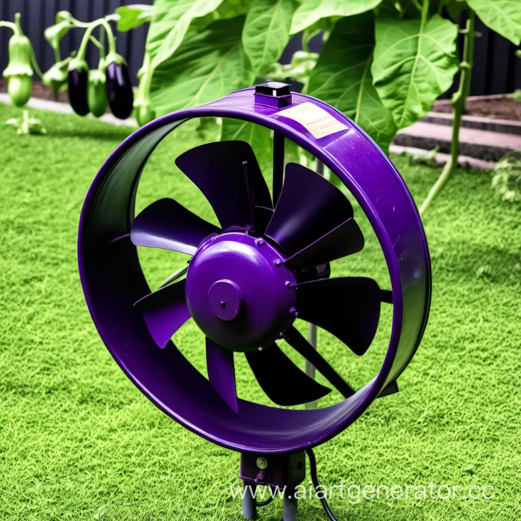 An electric fan is made of eggplants in the garden