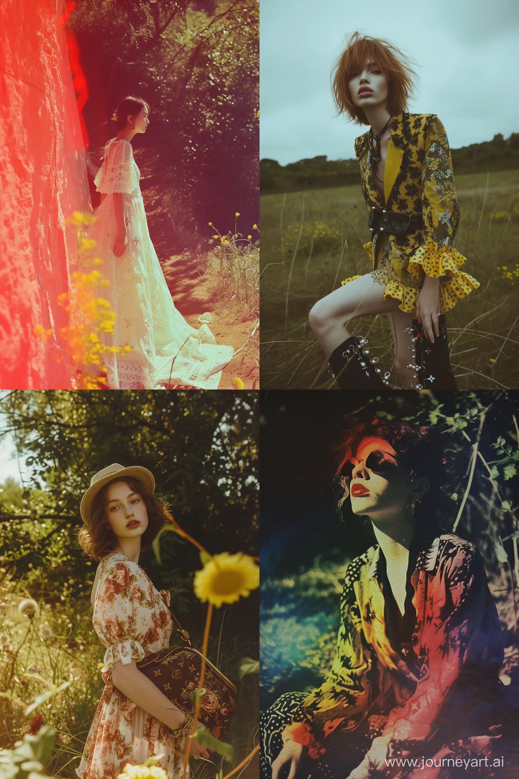 Fashion photography, inspired by louis vutton, nature, , yellowcore, cinematic still, lomachrome 92 --ar 2:3