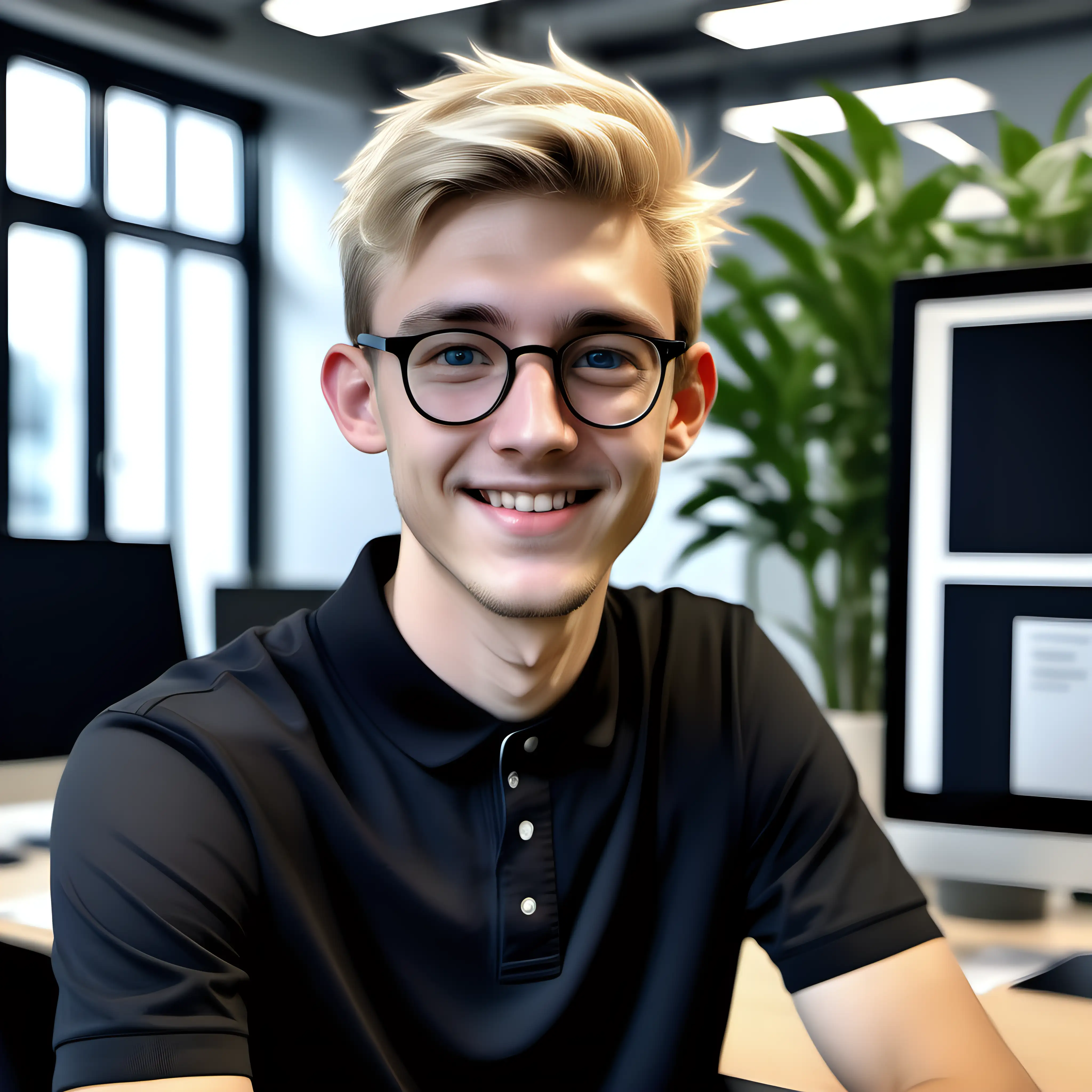 [boyish skinny British male] avatar sitting at down, [medium length blonde hair, happy eyes, no whiskers visible] [wearing round black wire frame reading glasses and polo top] [enthusiastic, happy and helpful], [new junior employee whose starting at a new tech startup], modern office background with desks, plants realistic.