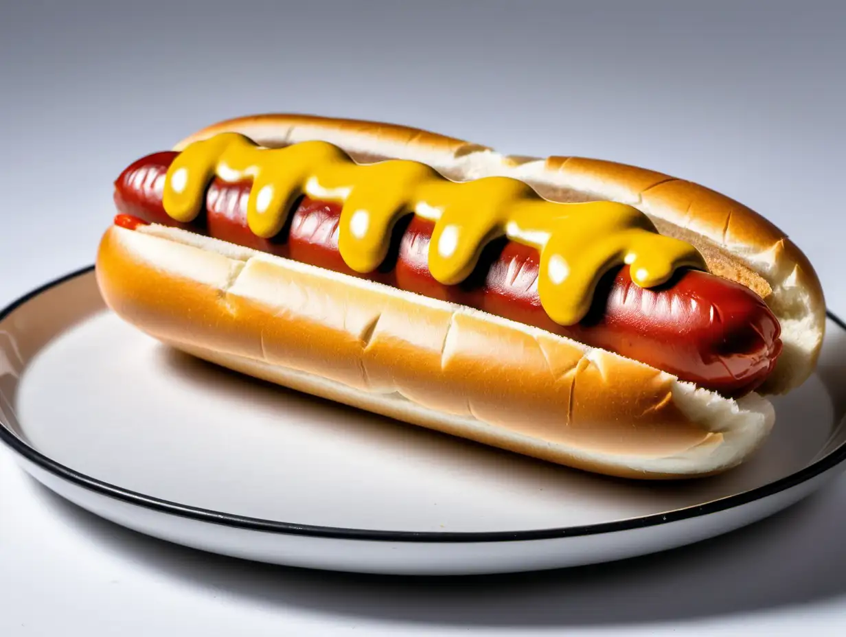 On a plate is a hotdog placed on a bun with yellow mustard on top of the hotdog sandwich