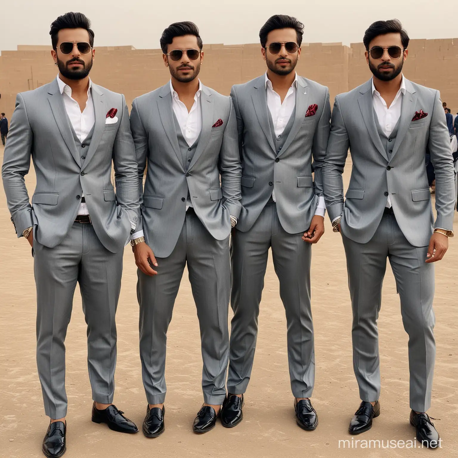 Four male friends named Fakhar Shahrukh Usama Tanveer wearing good suite pant also mention names