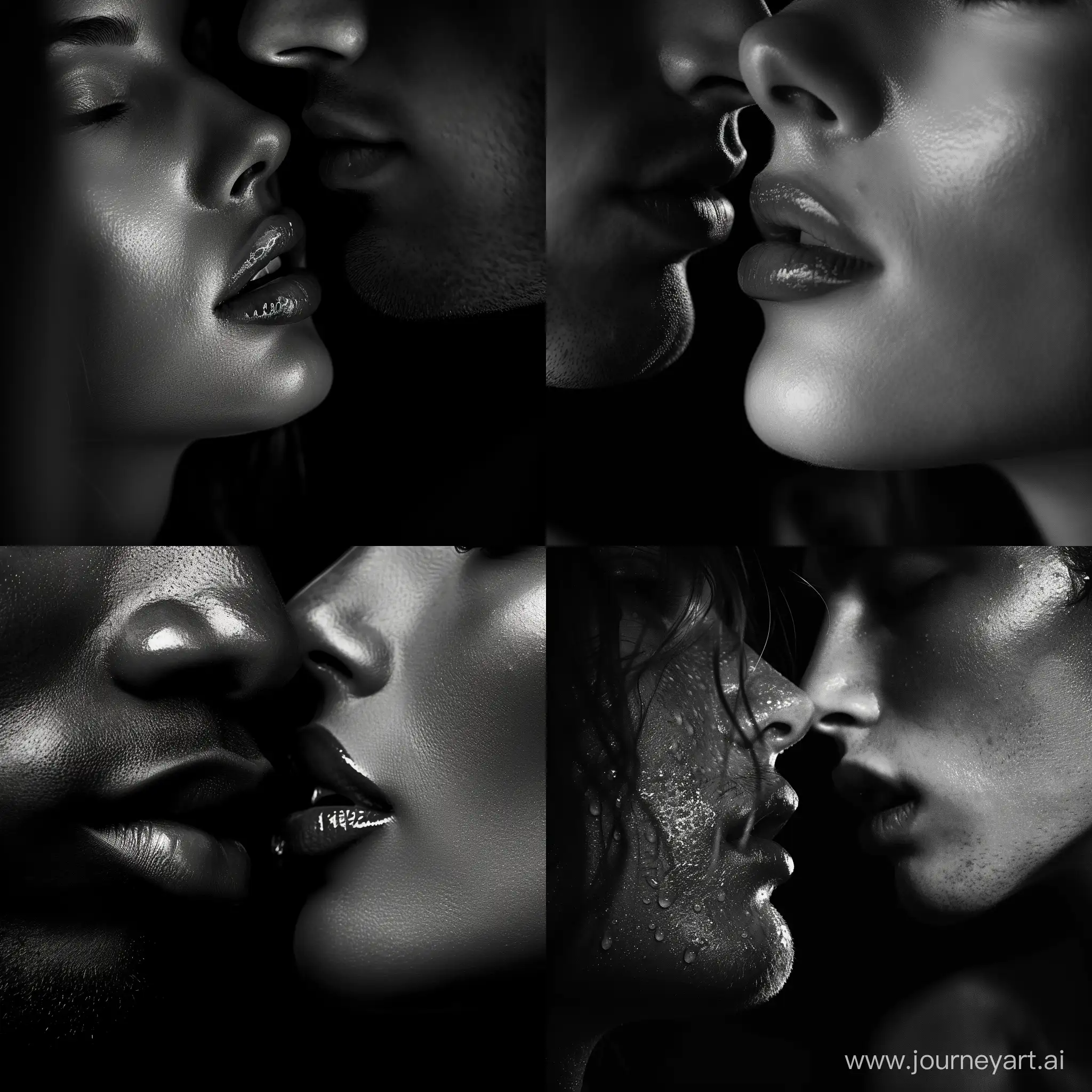lips close-up, man and woman, sensual black and white photo, black background